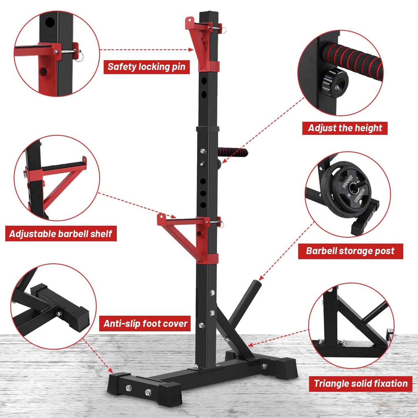 CANPA Squat Rack, Adjustable Barbell Rack Strength Training Barbell Stand with Dip Station Multi-Function Squat Stand Equipment for Home Gym Fitness 600Lbs（red）