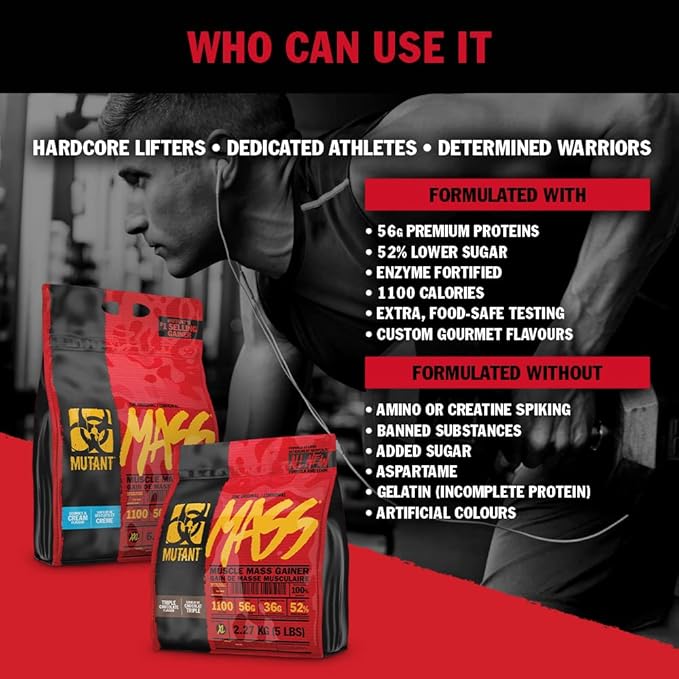 Mutant Mass Weight Gainer Protein Powder ??Build Muscle Size and Strength with 1100 Calories ??56 g Protein ??26.1 g EAAs ??12.2 g of BCAAs ??15 lbs with 24 Servings ??Cookies & Cream
