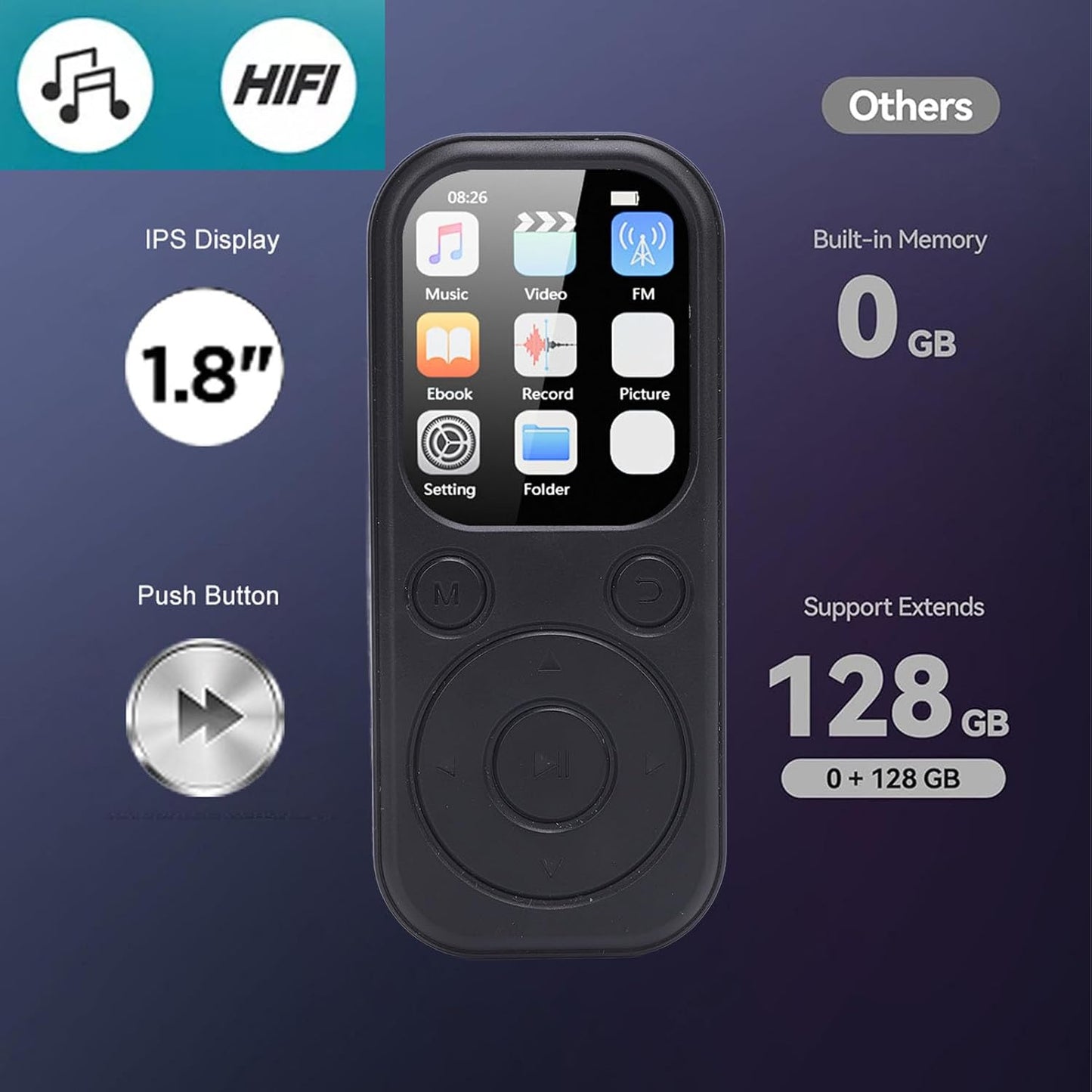 Zunate 128GB MP3 5.4, 2.01 Inch MP3 10,000+ 500mAh (16G HiFi Player with Bluetooth Screen Digital Music Player