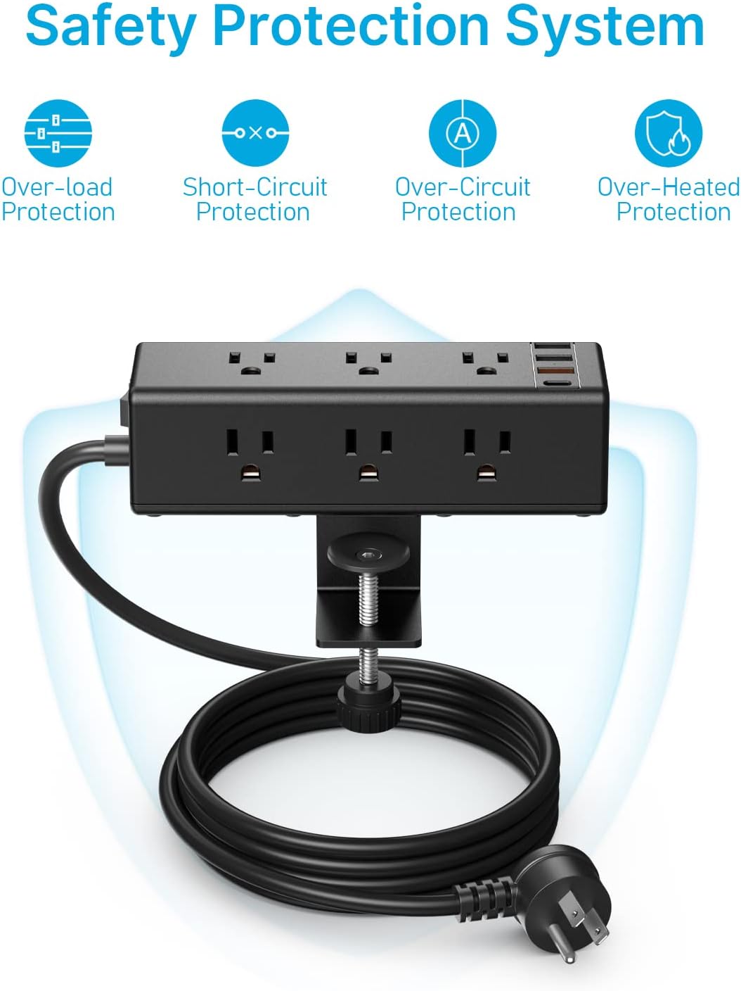 CCCEI 9 6 1.6 inch Desk Clamp Power Strip with Outlets, Desktop Edge Mount Surge Protector with USB-A and USB-C Ports