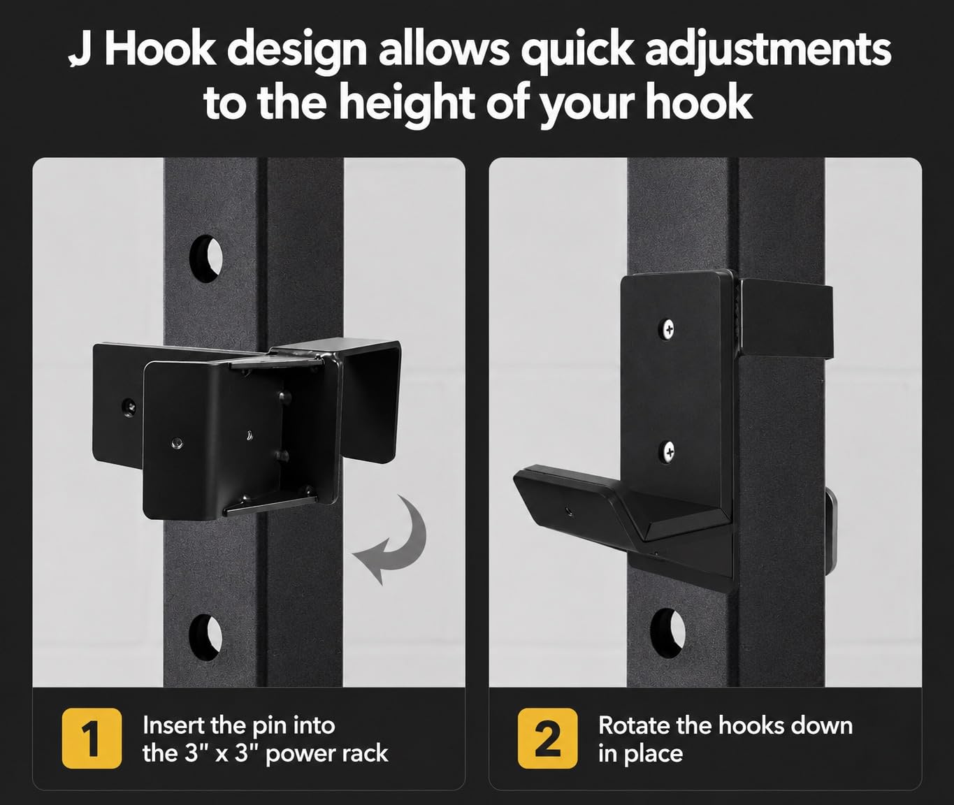 AINAFIX J Hooks for 3" x 3" Power Rack, Rubber Pad J-Hook for Power Cage, Bottom Reinforced Steel J Cups for Squat Rack (for 3"x3" Rack with 5/8" Hole)