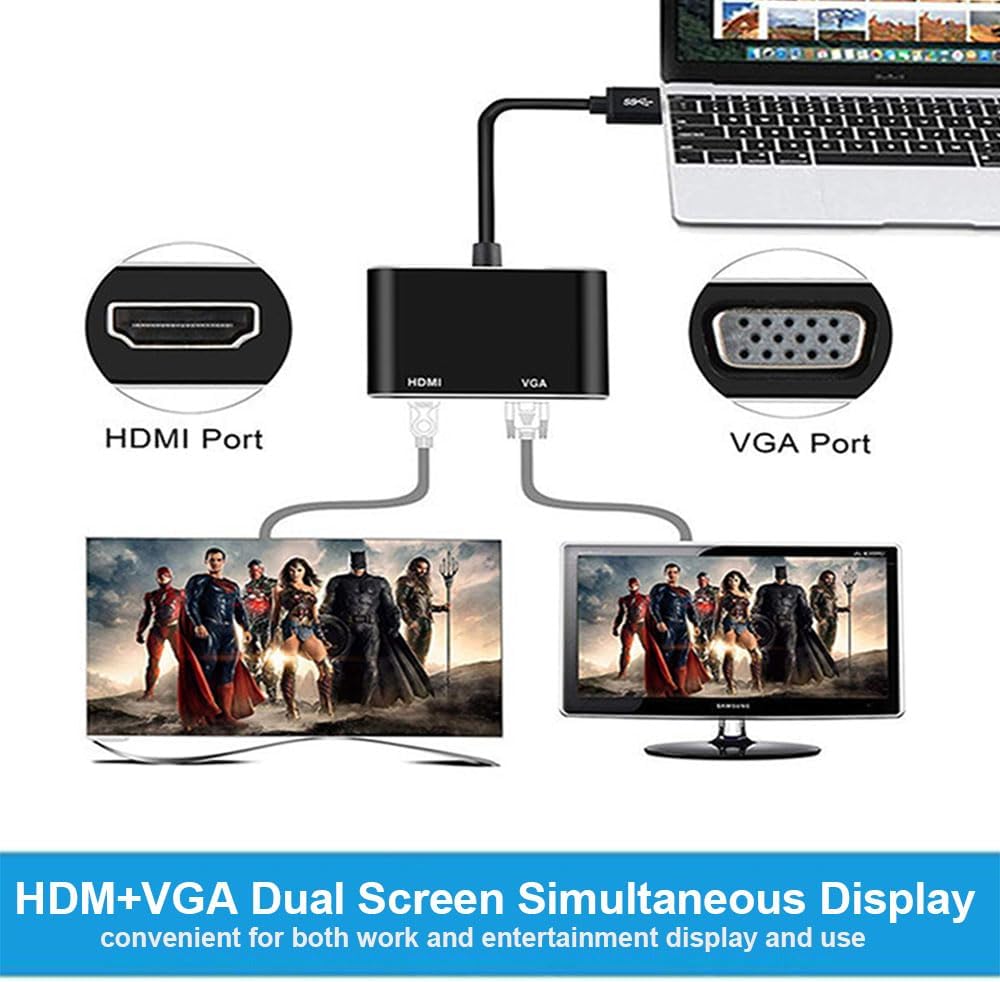 TIMEJONS 3.0 4K@30hz, 2 1080P USB A to HDMI Adapter for Windows HDMI & VGA Splitter Hub for Monitors Large Screen