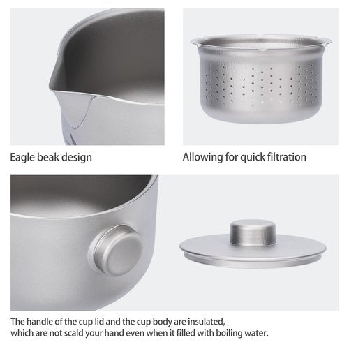 iBasingo 180ML Titanium Kung Fu Tea Set with 3 teacup Teapot with Strainer Dividing Cup Double-Layer Gaiwan Portable Tea Bowl Mug for Outdoor Camping Travel Picnic Backpacking Home Office Ti3137D