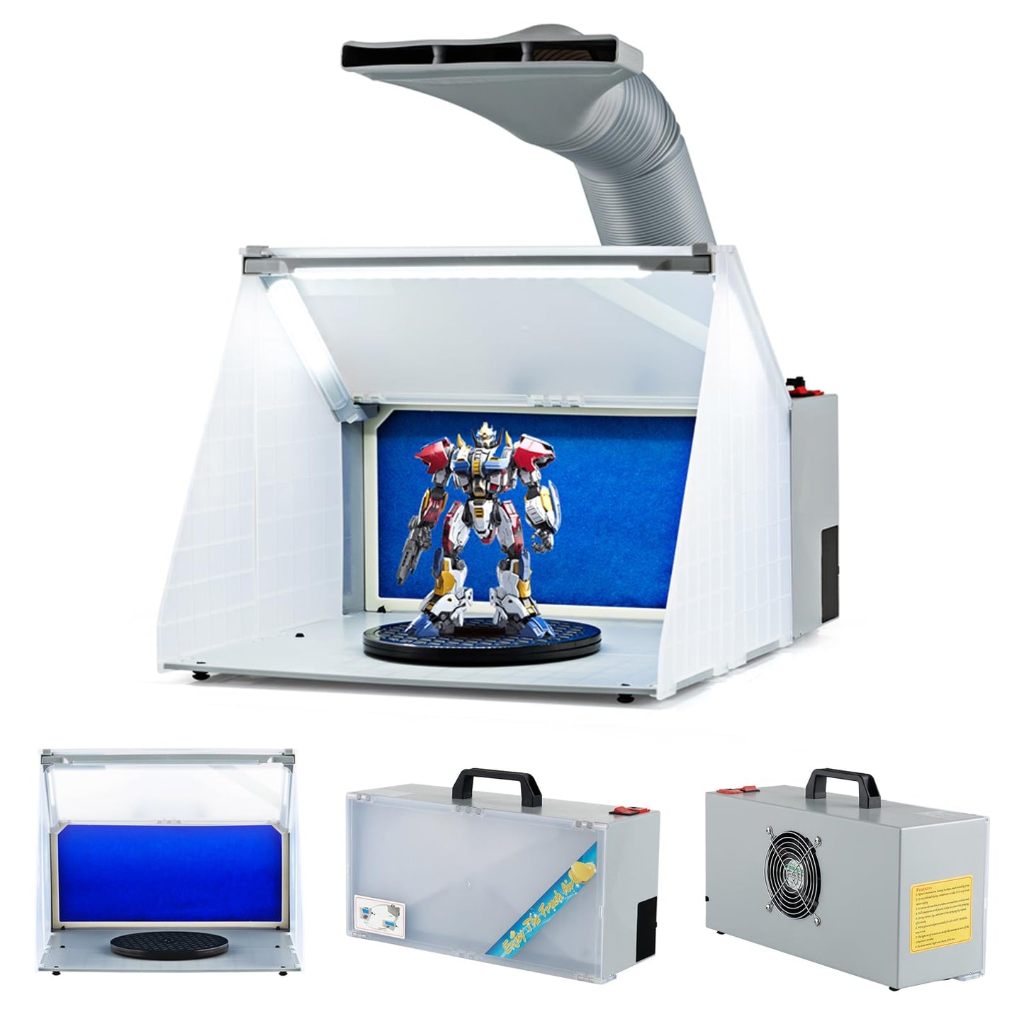 ERGOMASTER Airbrush Spray Booth, Portable Paint Booth with 3 LED Lights, 5.6 FT Exhaust Hose, 7-1/2" Revolving Turntable for Model Cake Craft Nails