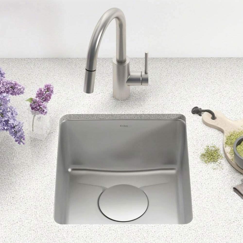 KRAUS Dex 17-Inch Undermount Single Bowl TRU16 Gauge Stainless Steel Kitchen Bar Sink with DrainAssure WaterWay and VersiDrain Assembly in Radiant Pearl Finish, KD1US17B