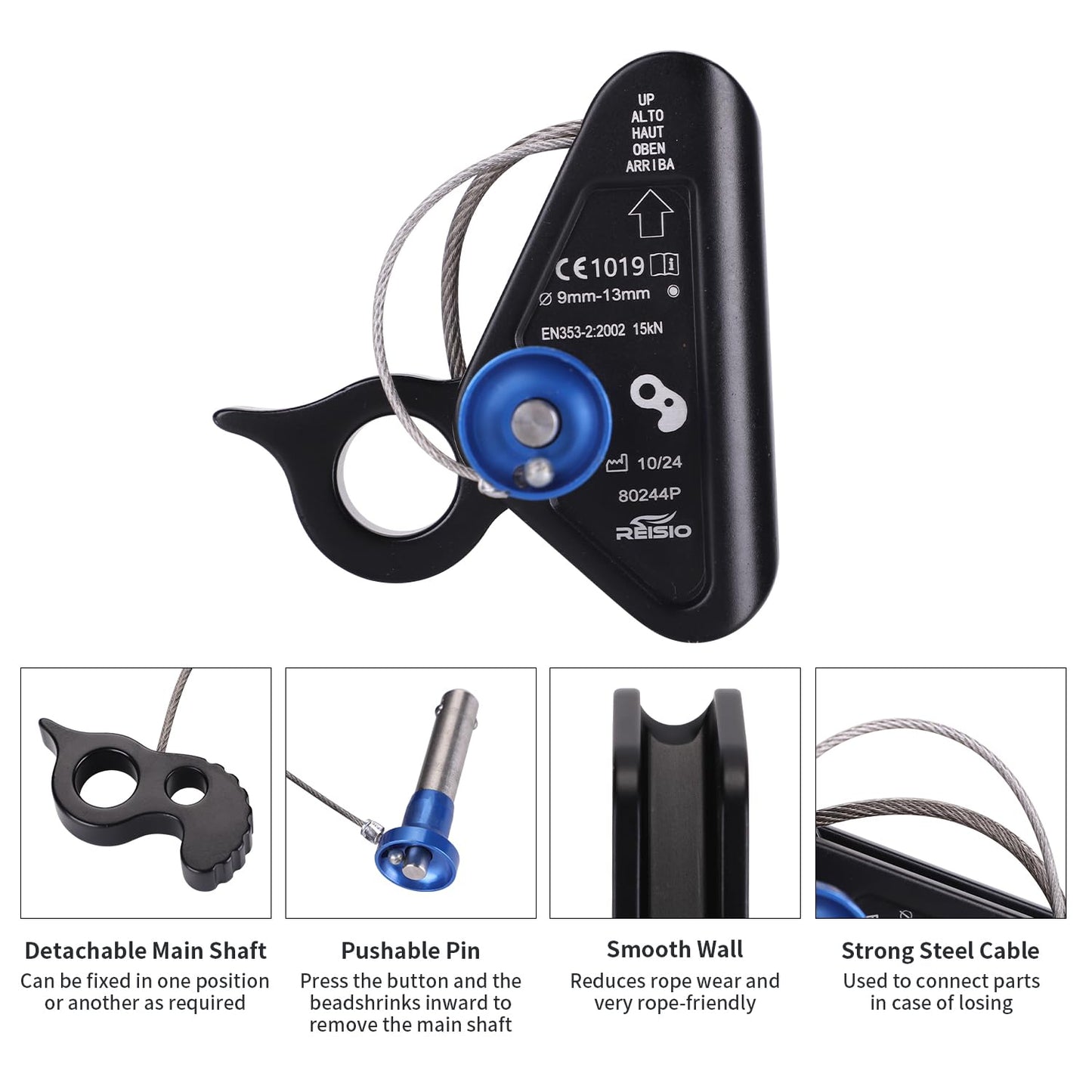 REISIO 15KN Detachable Rope Grab Ascender,11-12 MM Rope Flip Line Climbing Ascender for Rock Climbing, Tree Climbing and Rescue Mountaineering Tree Arborist Caving (ZWQ-002)