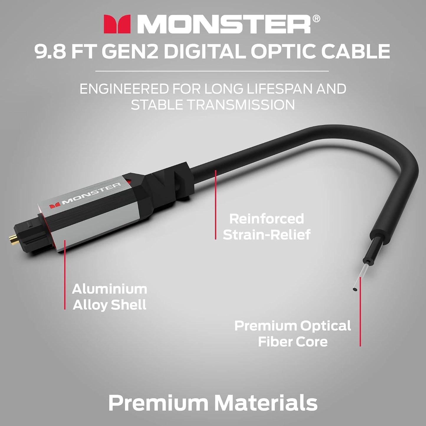 Gen2 9.8ft Monster Essentials Digital Optical Toslink Cable, Sound Bar Optical Audio Cable with Gold Connectors