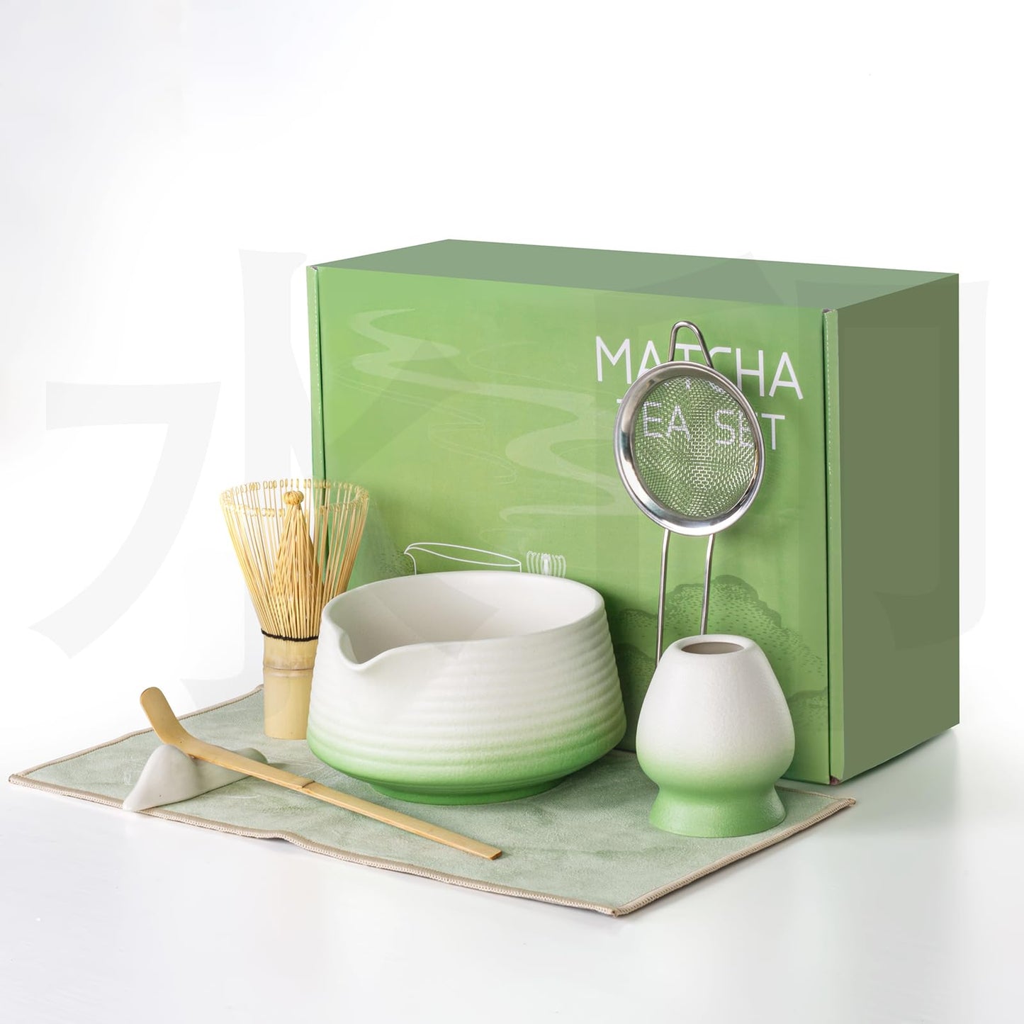 Nardo Visgo Matcha Whisk Set - 7PCS Japanese Tea Set Includes Matcha Bowl with Spout, Bamboo Whisk with Ceramic Holder, Bamboo Scoop, Scoop Stand, Sifter and Tea Towel, Matcha Making kit for Women Men