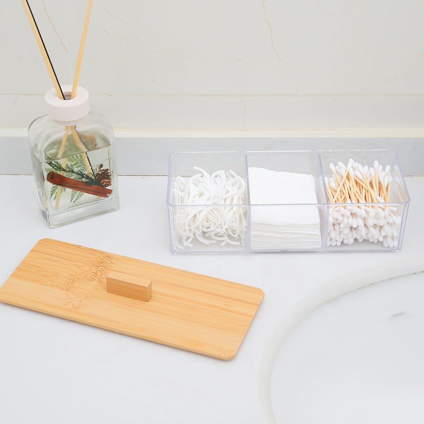 Wood Qtip Holder - 3 Compartment Cotton Ball & Swab Organizer with Lid | Clear Acrylic Makeup Storage