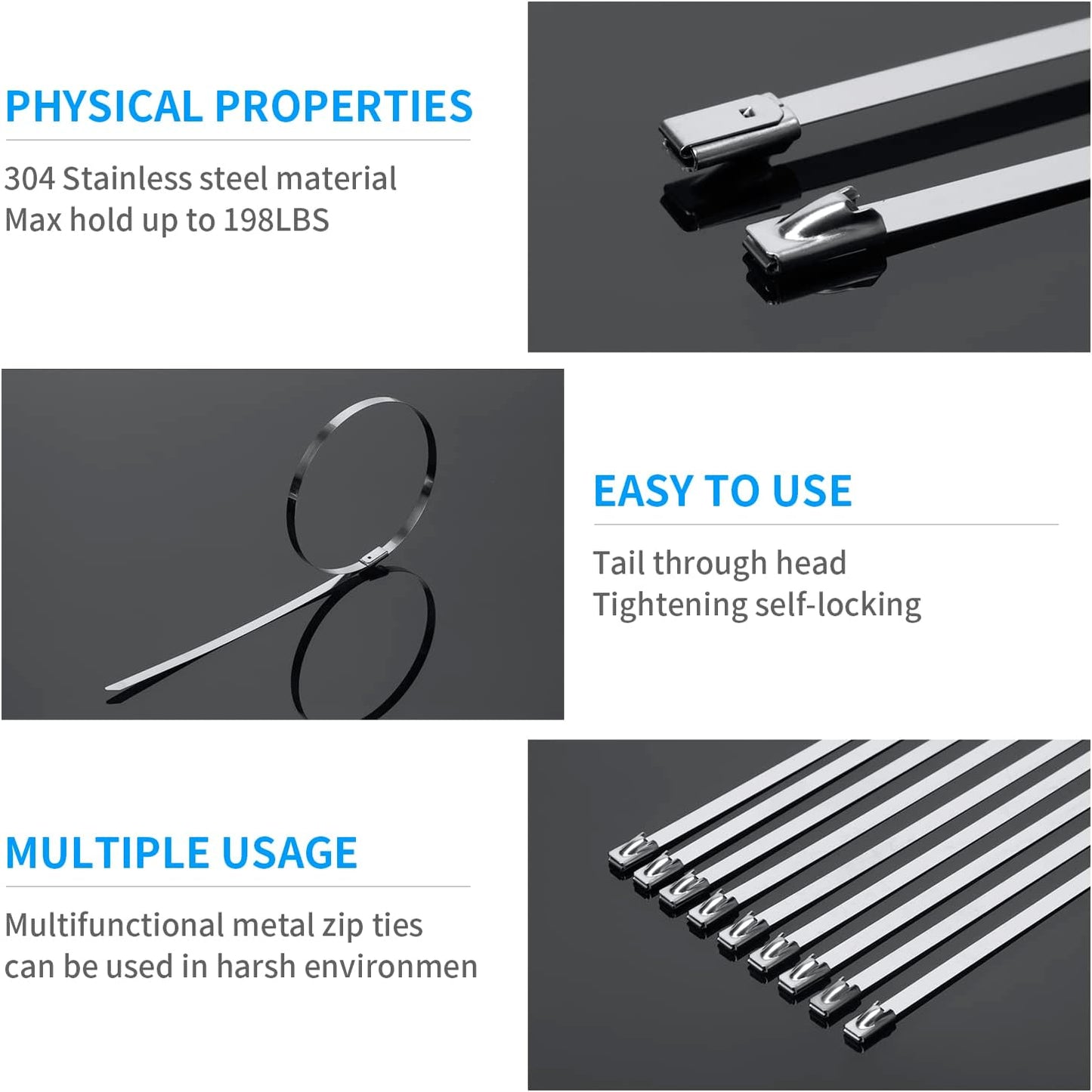11.8 Inch (200 Pack), 304 300lbs XINGO Metal Zip Ties Stainless Steel Heavy Duty Zip Ties, Tensile Strength