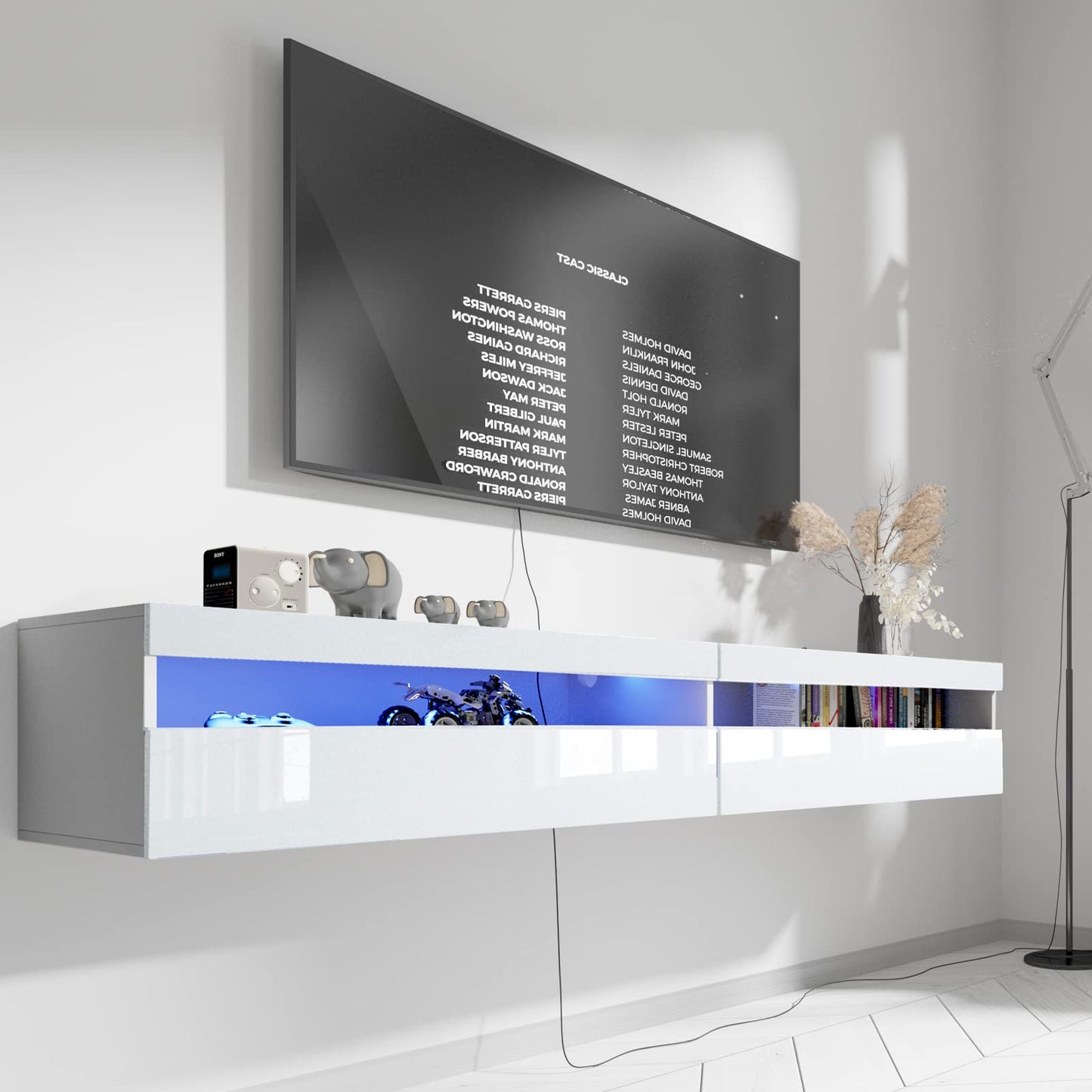 EXQUAL Solid Wood Floating TV Stand, Wall Mounted TV Shelf with Led Lights & Power Outlet, 71" Modern Entertainment Center Media Console with Storage, High Gloss TV Cabinet for 65/75/80 inch TV