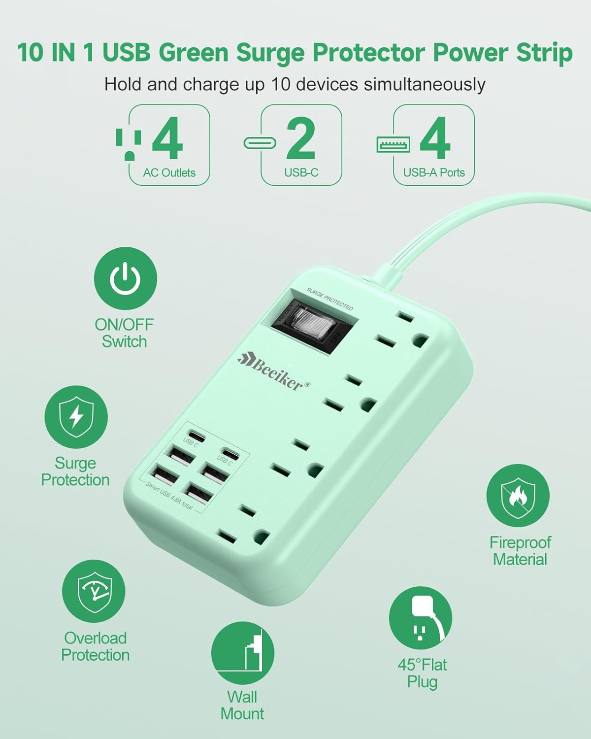 Beeiker 6 5Ft 4.8A 2 4 24W USB Green Travel Power Strip- Green Extension Cord with USB C Charging Station and Outlets