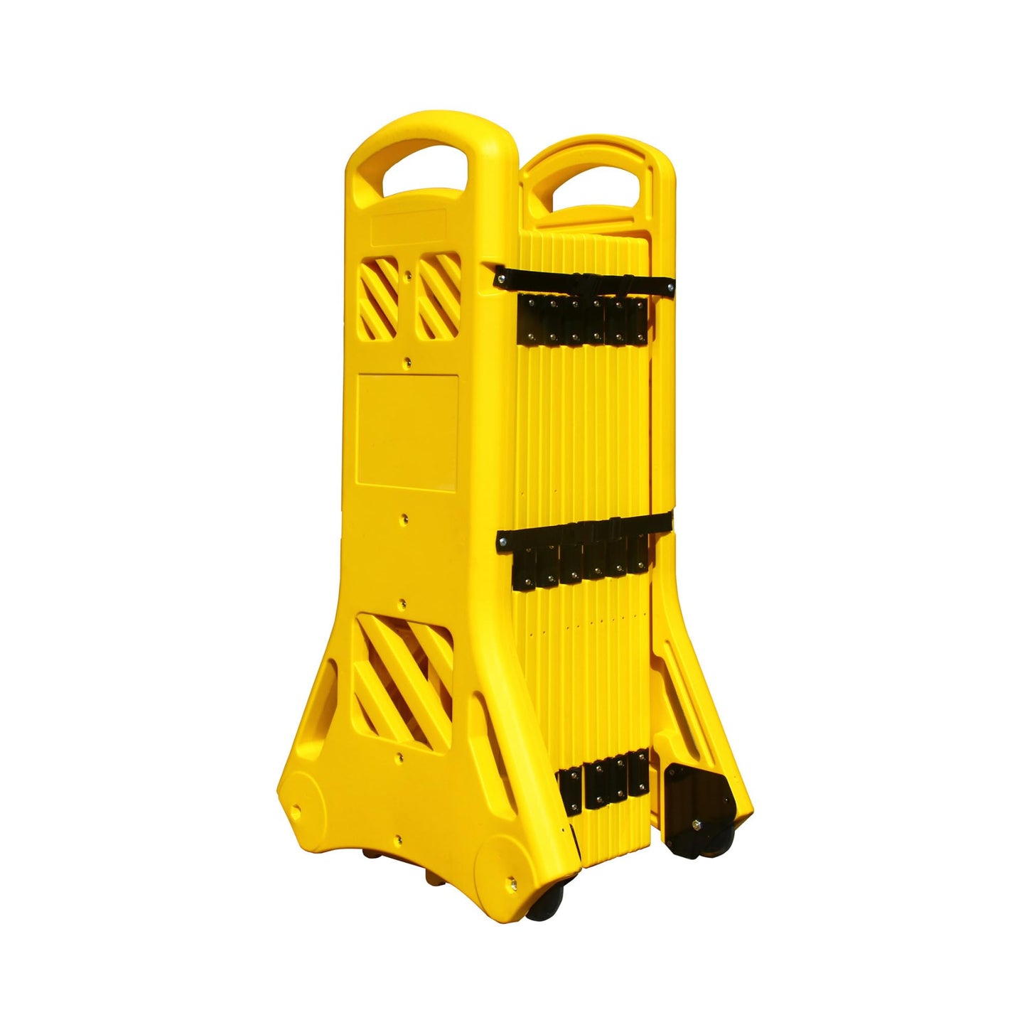 Pittman 13 ft GHP Expandable Mobile Barricade, 40" High Portable Yellow and Black Plastic Safety Gate Barrier with Hazard Markers, Braking Caster Wheels and Built-in Clip-in Straps (727320)