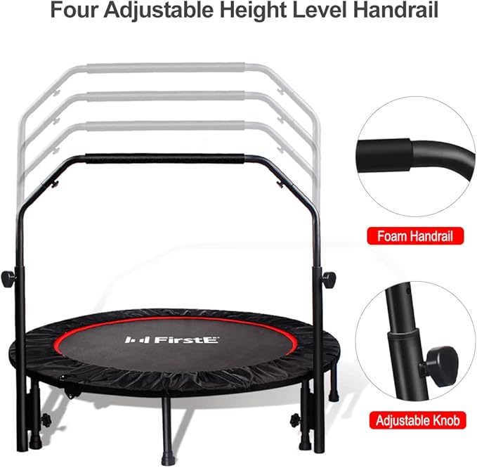 FirstE Mini Fitness Trampoline for Adults, Foldable Exercise Trampoline with Adjustable Foam Handle, Rebounder Trampoline for Bounce Workout Indoor/Garden