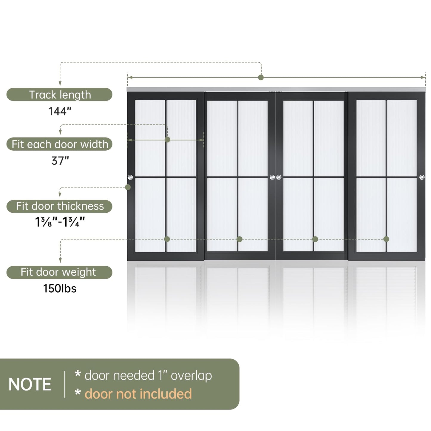 EaseLife 12FT/144in Bypass Double Sliding Pocket Door Hardware Kit,Commercial Grade,Aluminum,Bypassing Wardrobe Closet Door Track for 4 Door System,Slide Smoothly Quietly,Easy Install,No Door