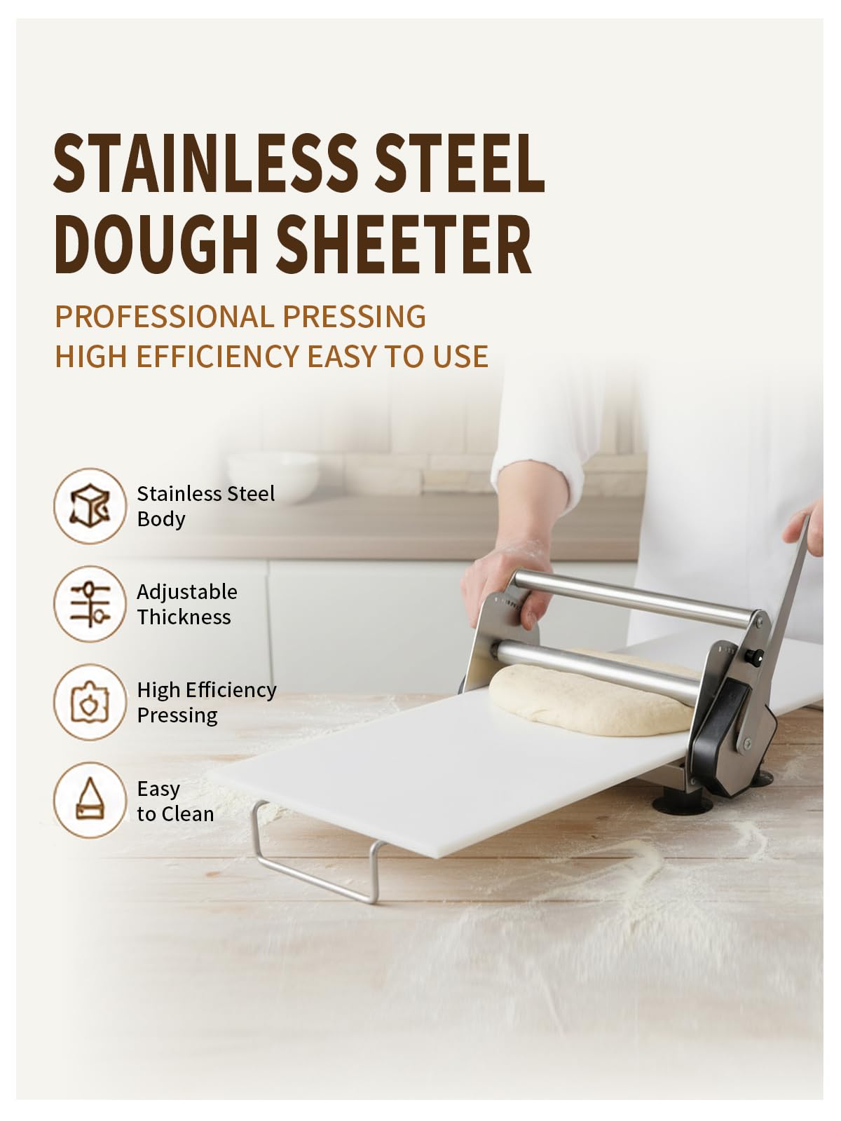 304 Stainless Steel Fondant Dough Sheeter with 23.62" x 11.81" Sheeter Board, fondant non-stick roller, Manual Dough Roller with 1-20mm Adjustable Thickness