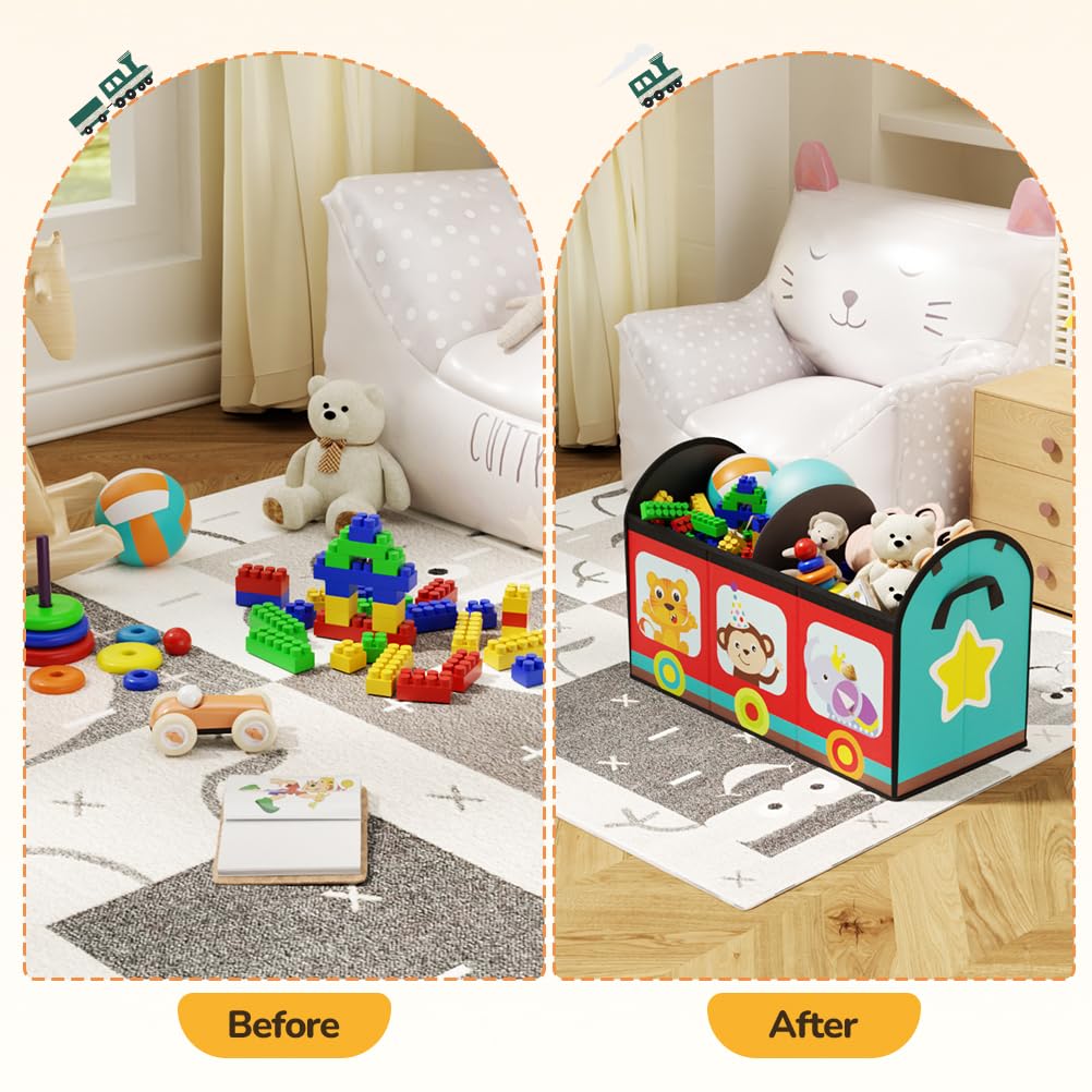 YOHOOLYO Toy Storage Organizer for Kids, 28.3x12.6x17.3 Large Sturdy Flip-Top Toy Box with Fabric Lid & Handles, Cute Train Design Toy Chest Bin Box Baskets for Playroom, Nursery, Boys, Girls