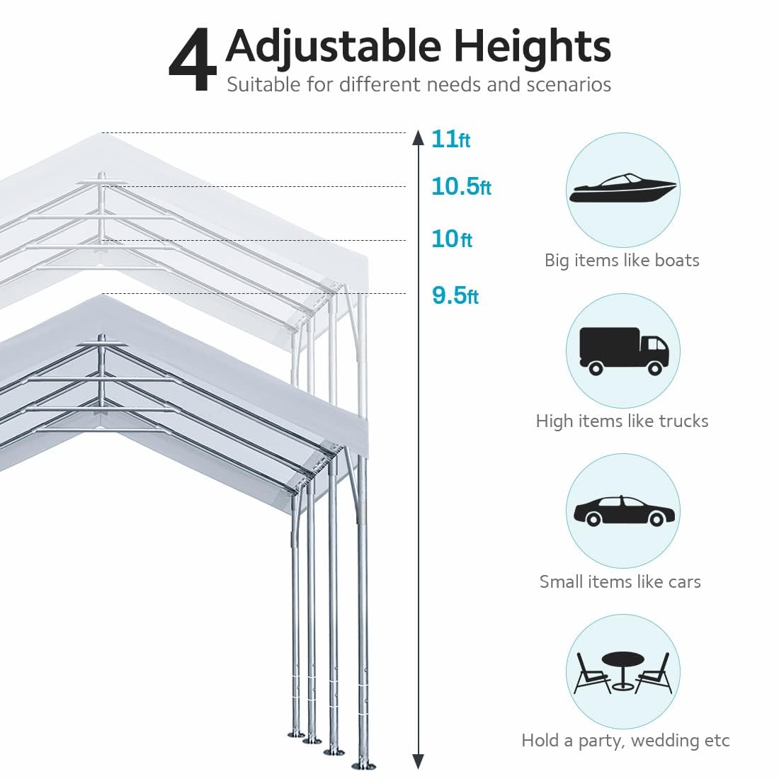 ADVANCE OUTDOOR 12x20 ft Heavy Duty Carport Potable Car Canopy Garage Party Tent Boat Shelter, Adjustable Height from 9.5 ft to 11 ft, White