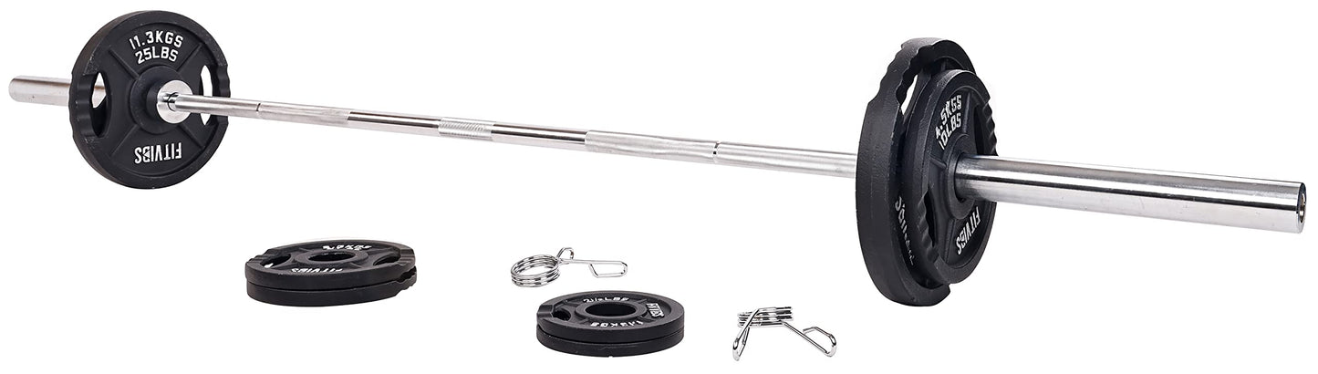 Signature Fitness Cast Iron Olympic 2-Inch Weight Plates Including 7FT Olympic Barbell, 130-Pound Set (85 Pounds Plates + 45 Pounds Barbell), Multiple Packages, Style #2