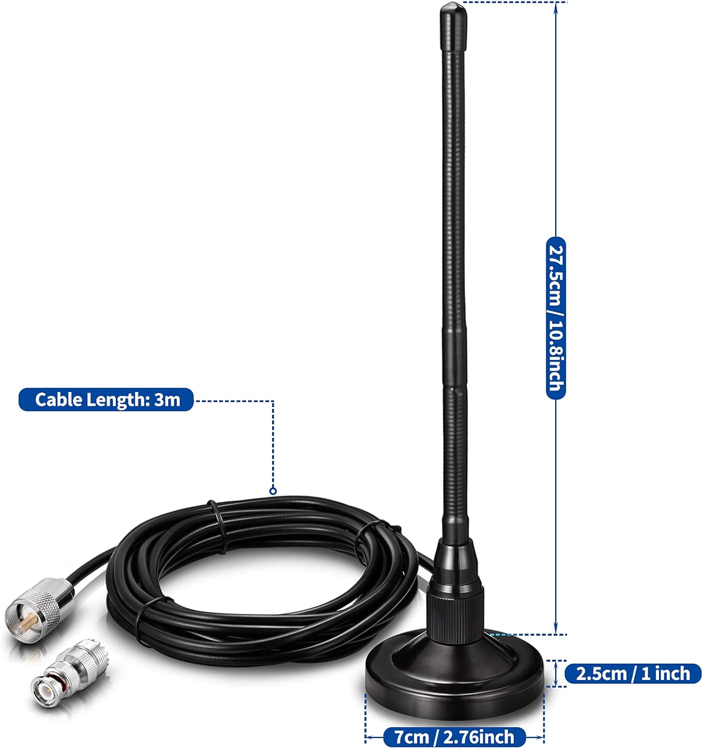 BINGFU 27MHz PL259 CB Radio Antenna Magnetic Base Soft Whip & BNC Male Compatible with Cobra Midland Uniden Maxon