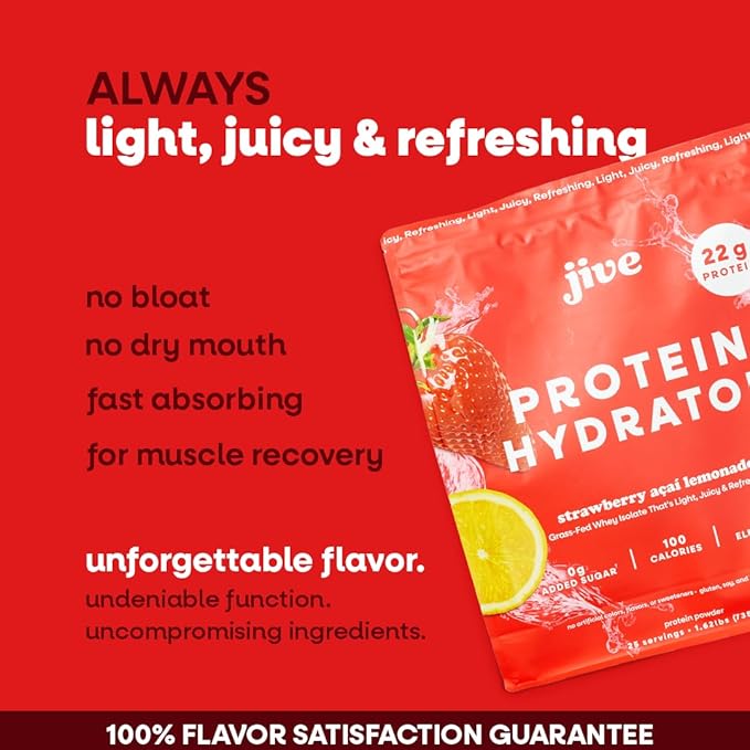 Jive Clear Protein Powder - 22g Grass-Fed Whey Isolate, 25 Servings - Strawberry Acai Lemonade - 895mg of Electrolytes - Zero Added Sugar - Clear Drink Protein Water & Juice