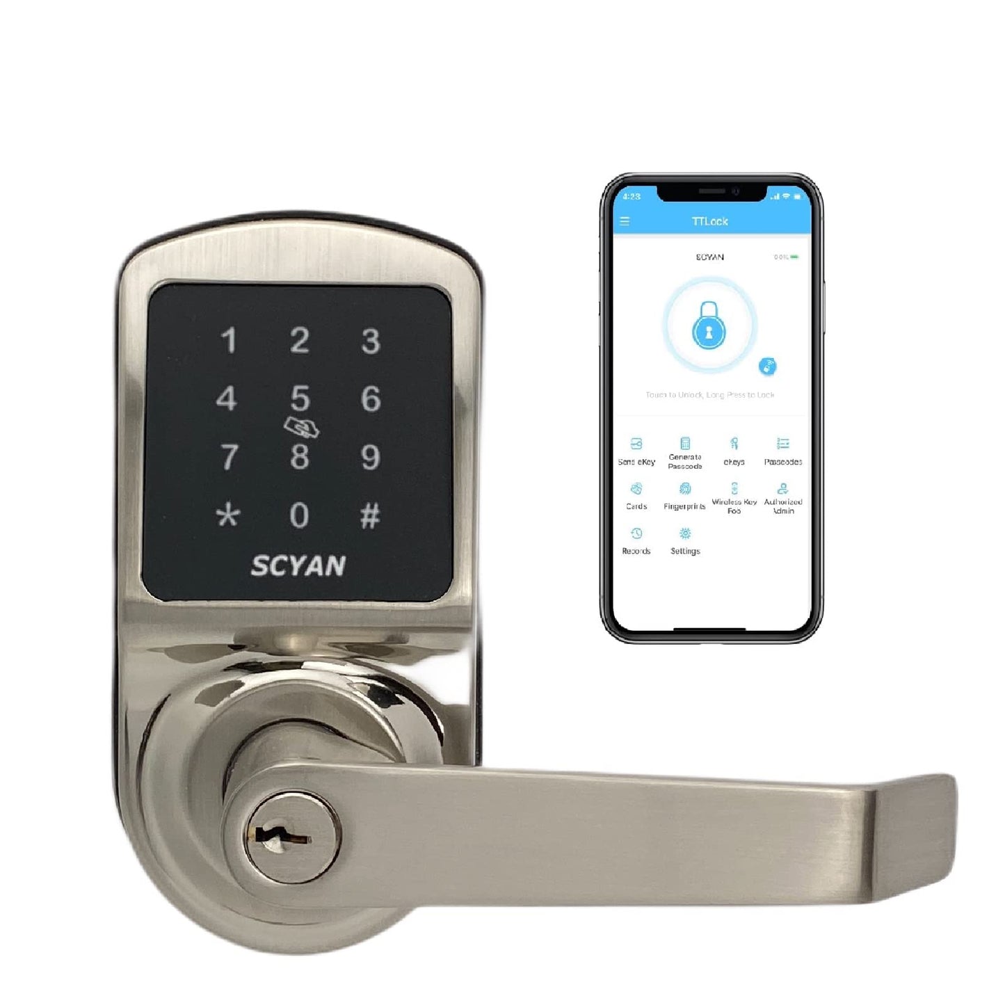 Smart Door Lock, Keyless Entry Door Lock, SCYAN X2 Handle Lock with Touchscreen Keypad Access, Auto Locking, for Home, Airbnb Rental House, Satin Nickel