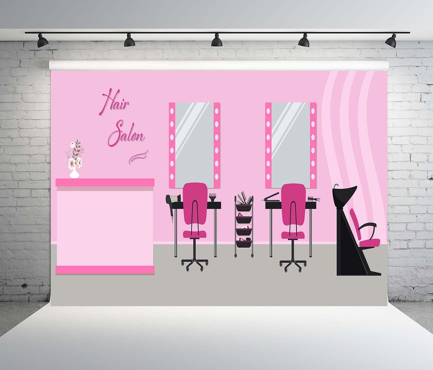 BELECO 5x4ft Fabric Hair Salon Interior Backdrop Pink Barber Shop Haircut Chair Mirror Background Hairstylist Theme
