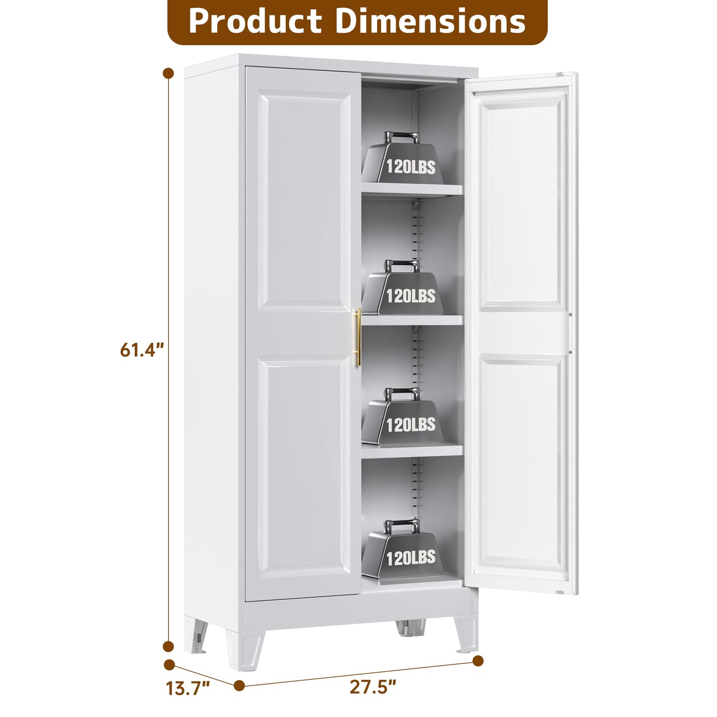 GangMei 61.4" H Metal Kitchen Pantry Cabinet with 4 Adjustable Shelf, White Pantry Cabinet with 2 Doors,Freestanding Food Cabinet for Kitchen,Home,Required Assembly