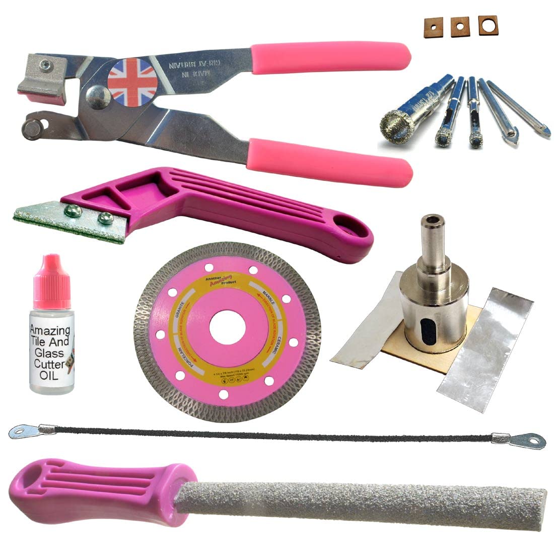 Ceramic Tile Cutters Kit - 4 Porcelain Drills, Hole Saw for Pipes, Blade for Notching, Grinder Saw for Cutting Sockets, File for Trimming Edges, Grout Rake for Cleaning