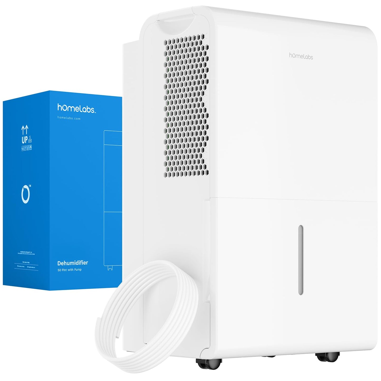 hOmeLabs Dehumidifier 7,500 Sq Ft Wi-Fi with Pump (50 Pint MAX 120 Pint at 95°F, 90% RH) for Home, Office, Basements with Powerful Moisture Removal, Humidity Control, Auto Shut-off, Quiet Operation