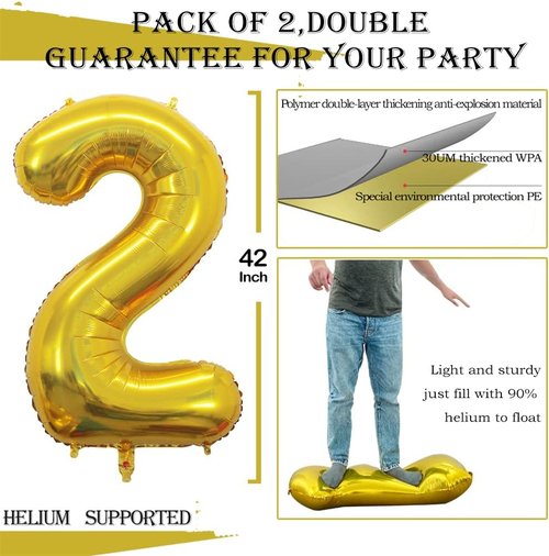 GOER Gold Foil Number 2 Balloons - Huge 42" & 32" for 2nd Birthday Party Decorations (3 Pcs)