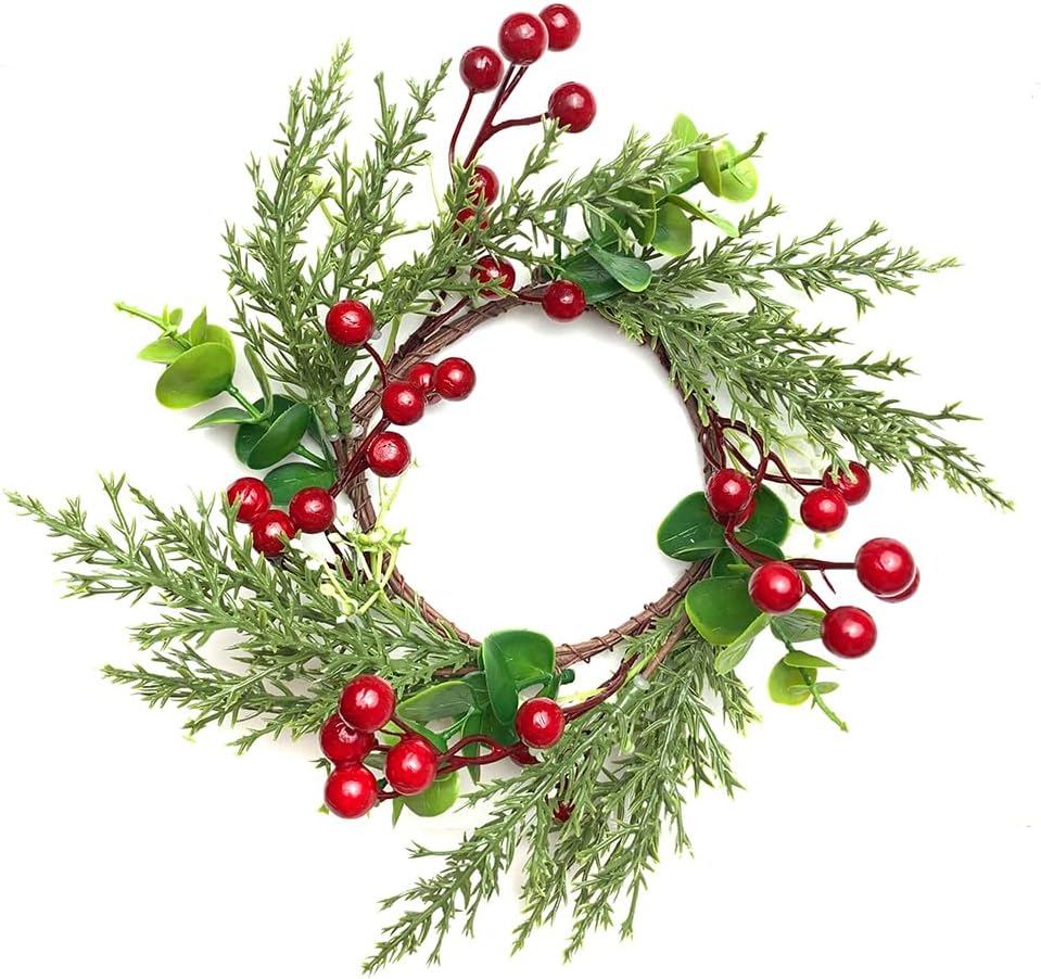 Regine Switzerland Christmas Candle Rings - 4 Inch Artificial Red Berries & Pine Needles Wreaths | Rustic Holiday Table Decor