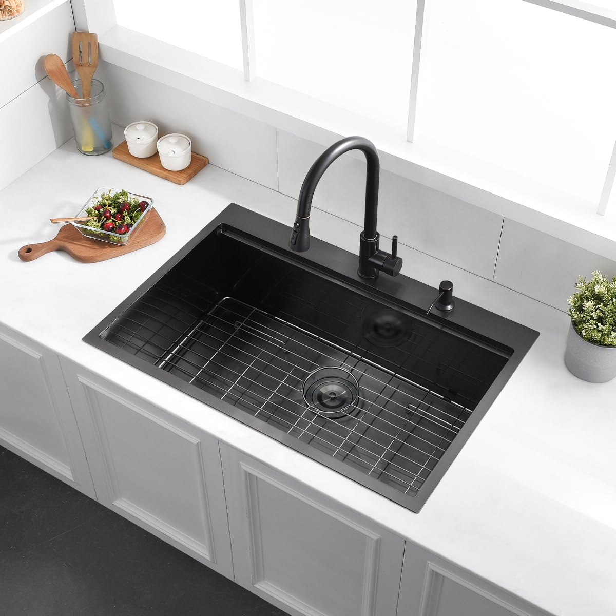33 Drop In Black Workstation Kitchen Sink, Luckyhorse 33x22 Inches 16 Gauge Nano Black Stainless Steel Sink Topmount Workstation Single Bowl Kitchen Sink LH007SB