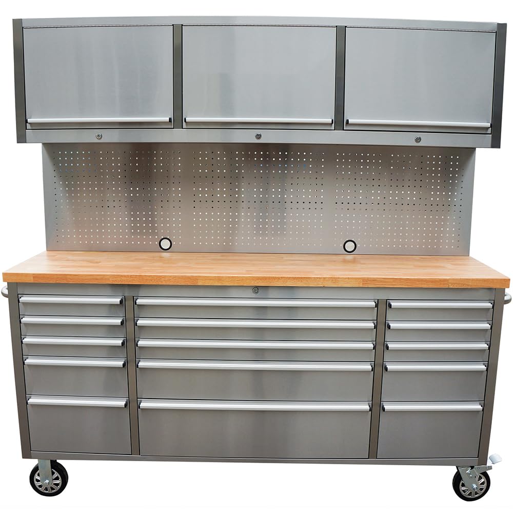 AnorTrek 72 inch 15 Drawers Tool Chest with 3 Up Cabinet & Pegboard in Stainless Steel (Stainless Steel)