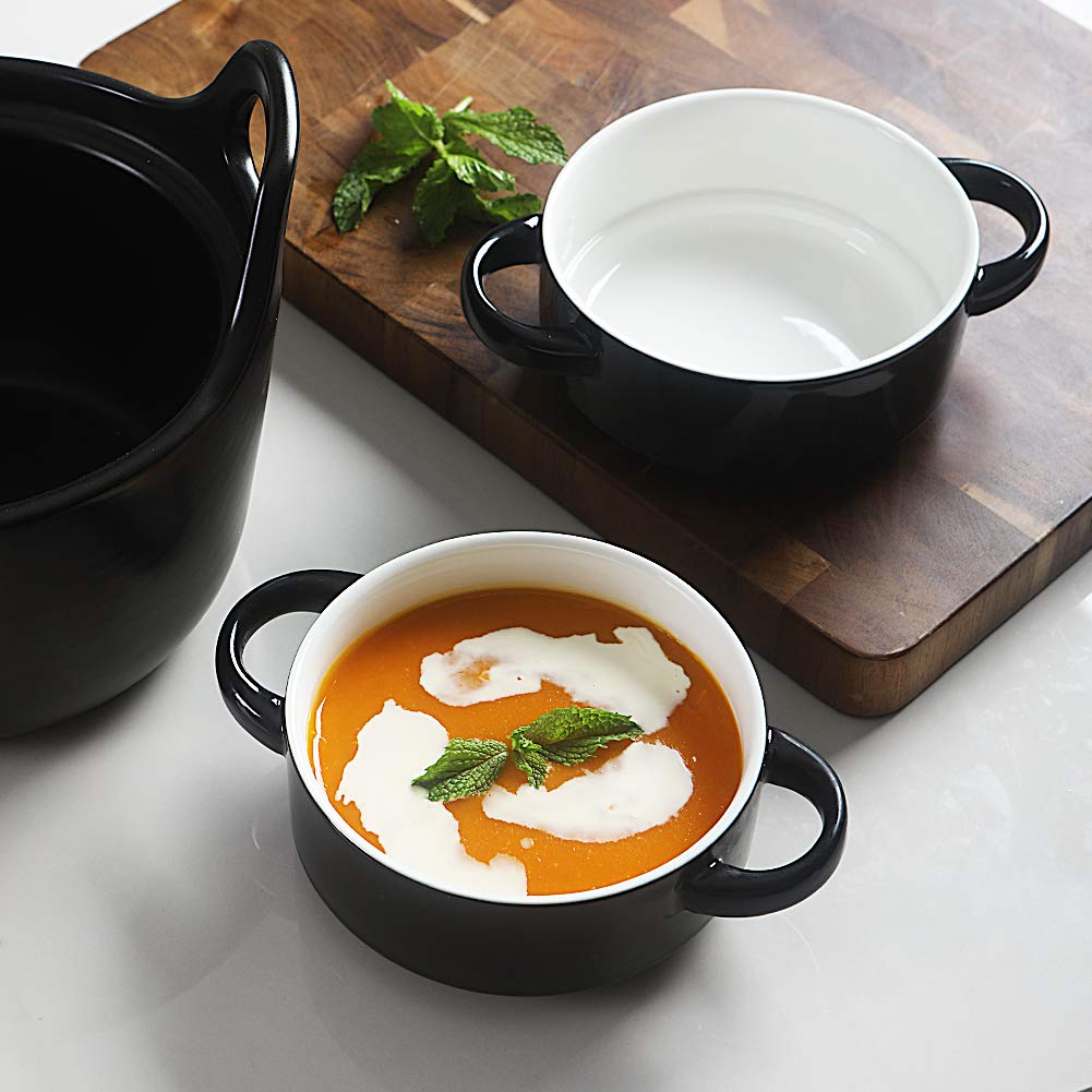 Sweejar Ceramic Soup Bowls with Double Handles, 20 Oz Stacked Bowls for French Onion Soup, Cereal, Pot Pies, Stew, Chill, Pasta, Set of 4 (Black)