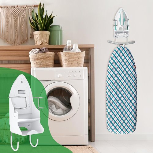 Iron Board Hanger Wall Mount Electric Iron Holder Ironing Board Holder Wall Mount Room Storage Iron and Ironing Board Storage Organizer Shelf with Removable Hooks