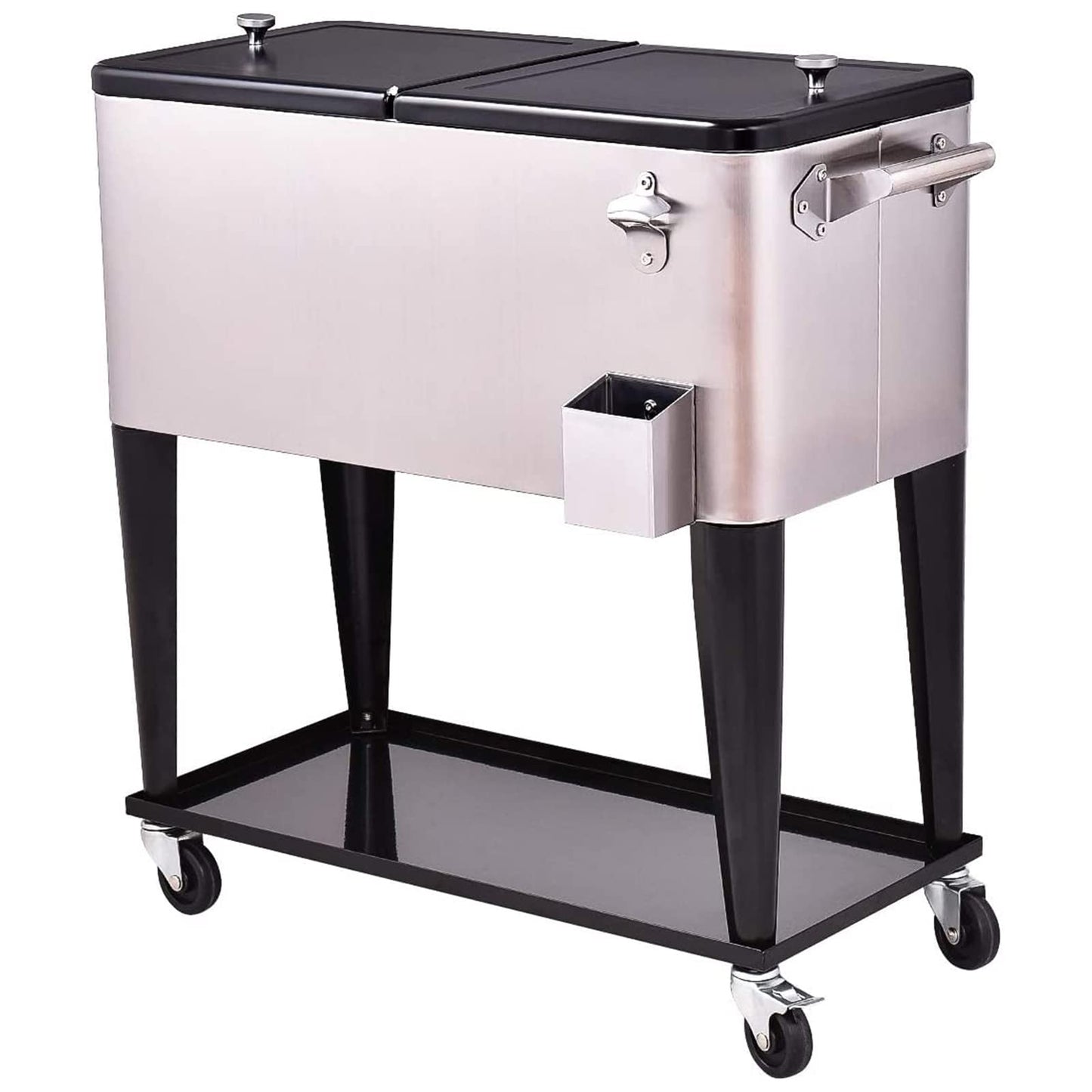 Giantex 80 Quart Rolling Patio Cooler Cart with Bottom Storage Shelf & Drain, Outdoor Ice Chest with Lockable Wheels, Bottle Opener & Cap Catcher, for Party Poolside Backyard BBQ (Sliver + Black)