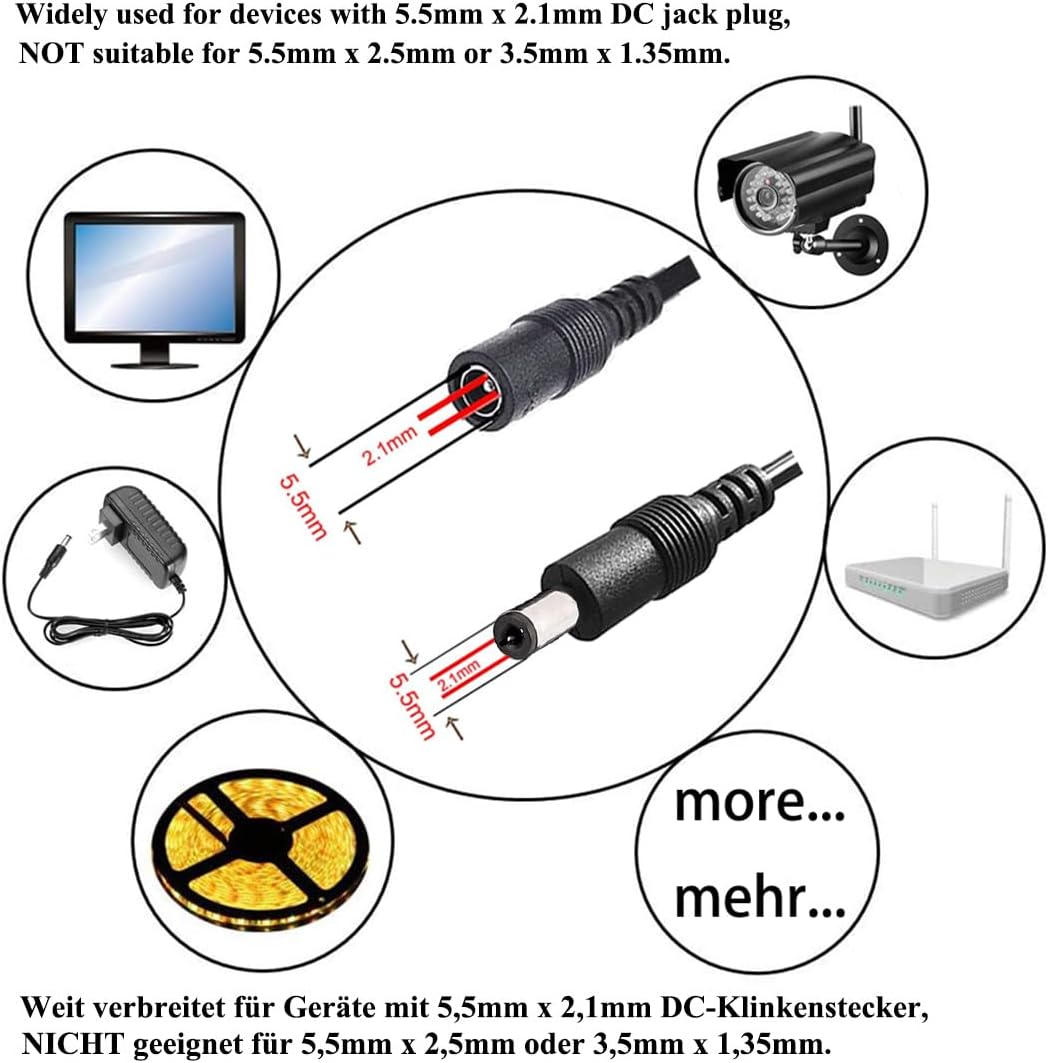 LitaElek 2pcs 1m 3.3ft 12V 5V-24V 5.5mm 2.1mm DC Extension Cable Extension Cord Power Cord x DC Jack Plug Adapter Male