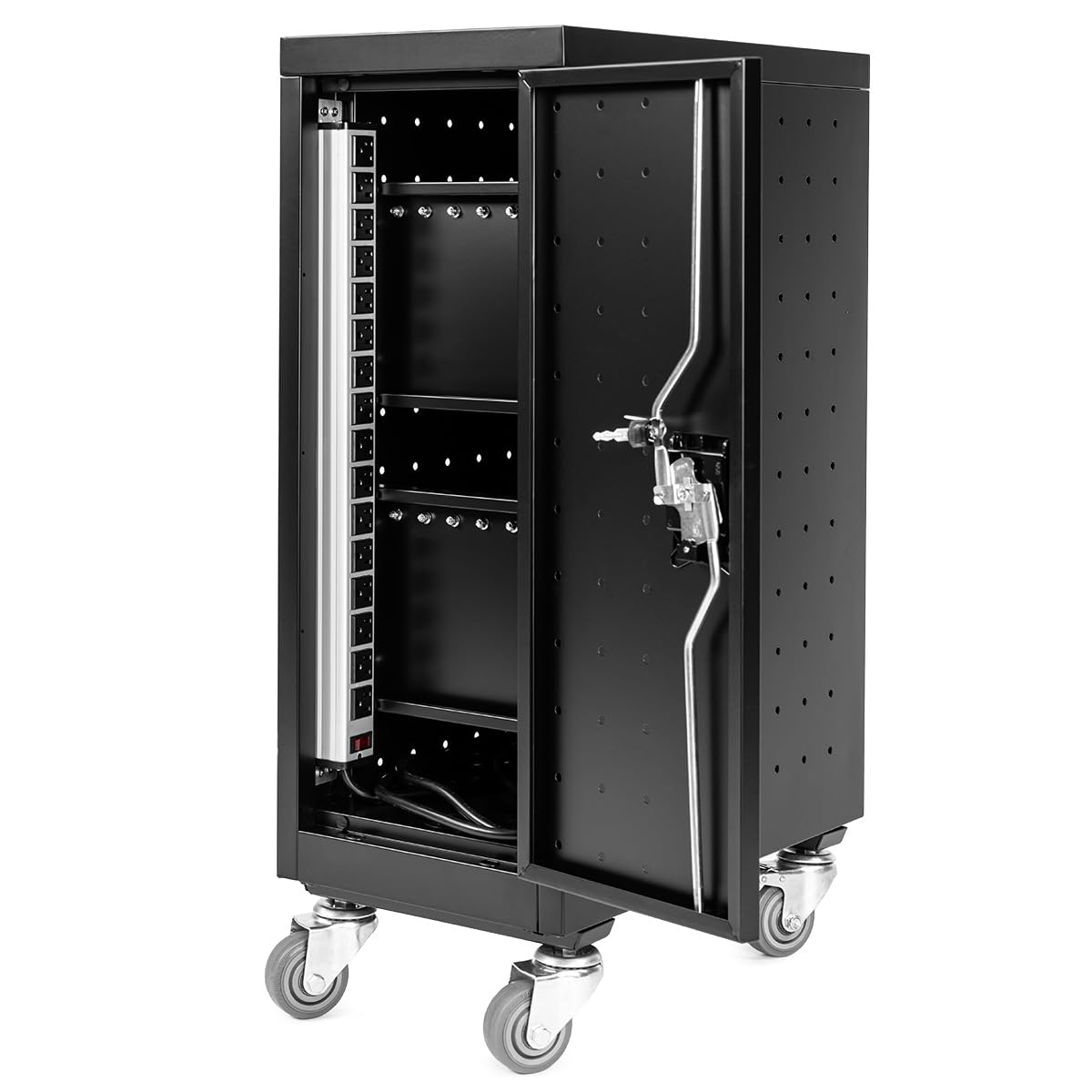 Line Leader Compact 16 Device Rolling Mobile Charging Cart for Chromebooks, Laptops, Tablets, Charging Station For Classrooms and Offices, Includes Power Strip and Locking Cabinet (Black, 34in x 23in)