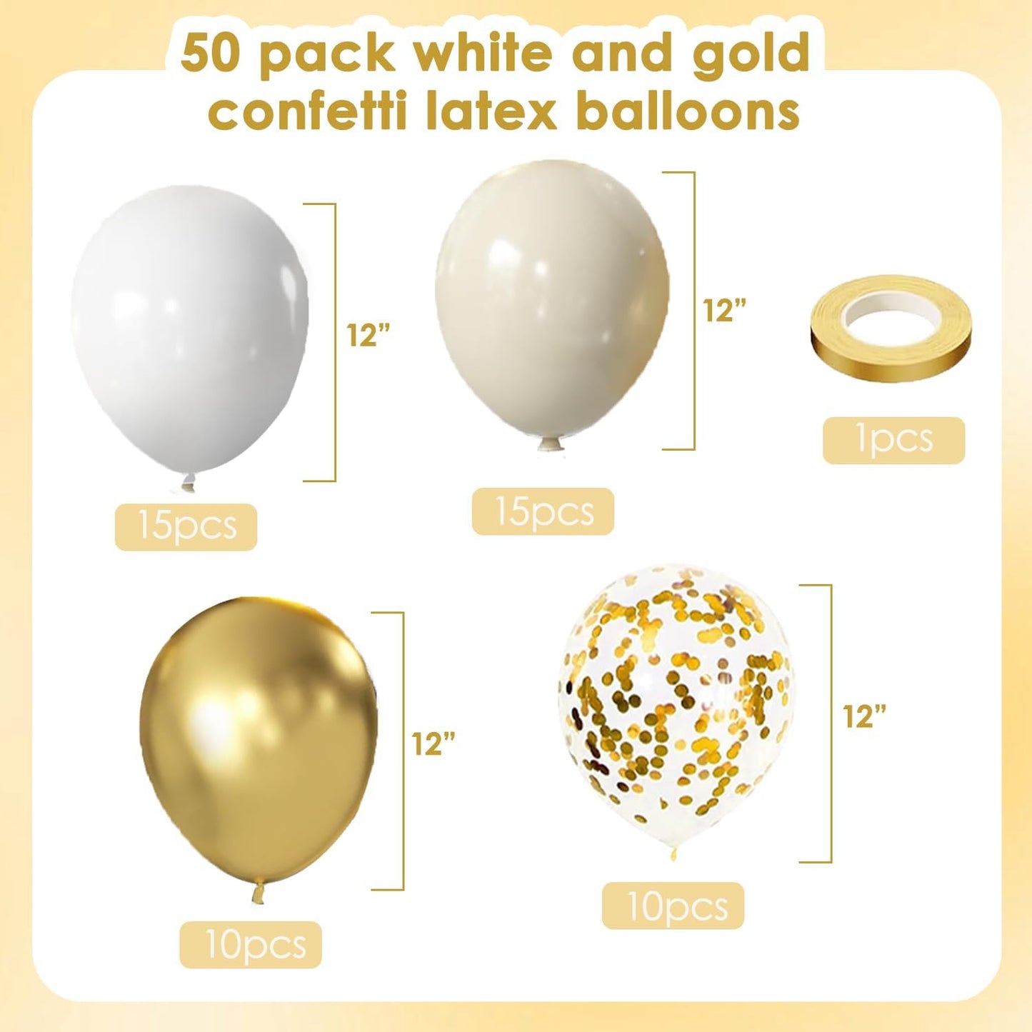 Skiennix White and Gold Confetti Balloons - 50pcs 12 Inch Metallic Latex for Celebrations