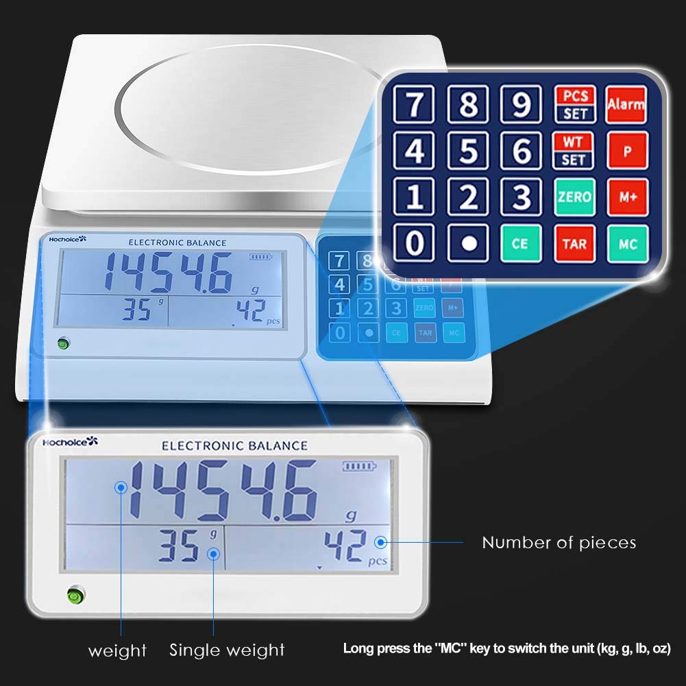Hochoice Industrial Counting Scale Gram Scales for Parts and Coins 66lb/0.00022lb-30kg / 0.1g Accuracy with RS232 Port for Connecting Computer or Printer