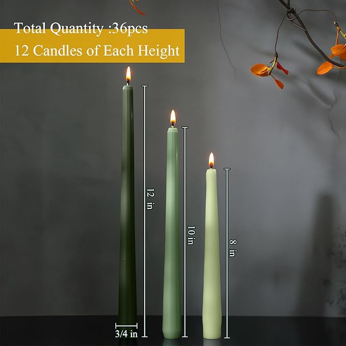 MTLEE Taper Candles 8/10/12 Multi Height Unscented Taper Candles 8 Burn Hours Taper Candles for Dinner Decorative Candles Home Decoration Wedding Party Candlesticks (Gradient Green,36)
