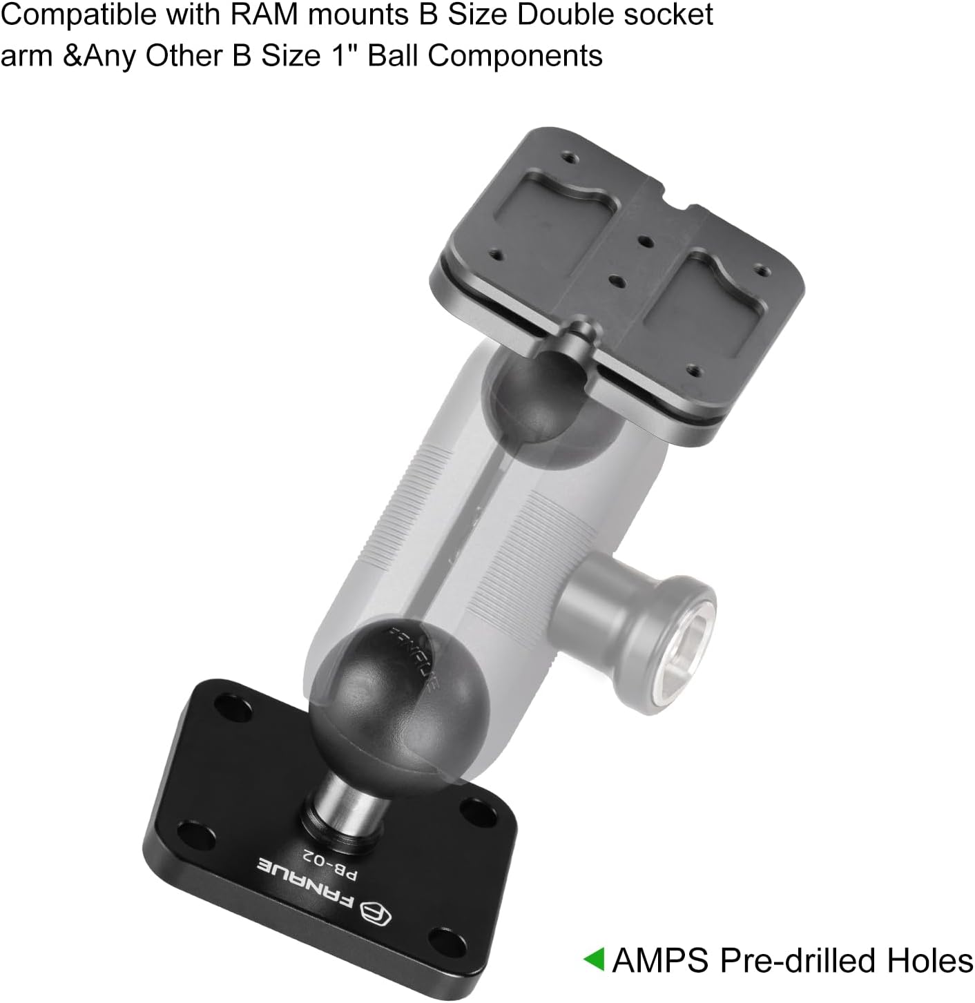 FANAUE Aluminum1'' 4-Hole 1" Ball Mount Base with AMPS Square Plate and Ball Adapter Compatible B Size Double Socket