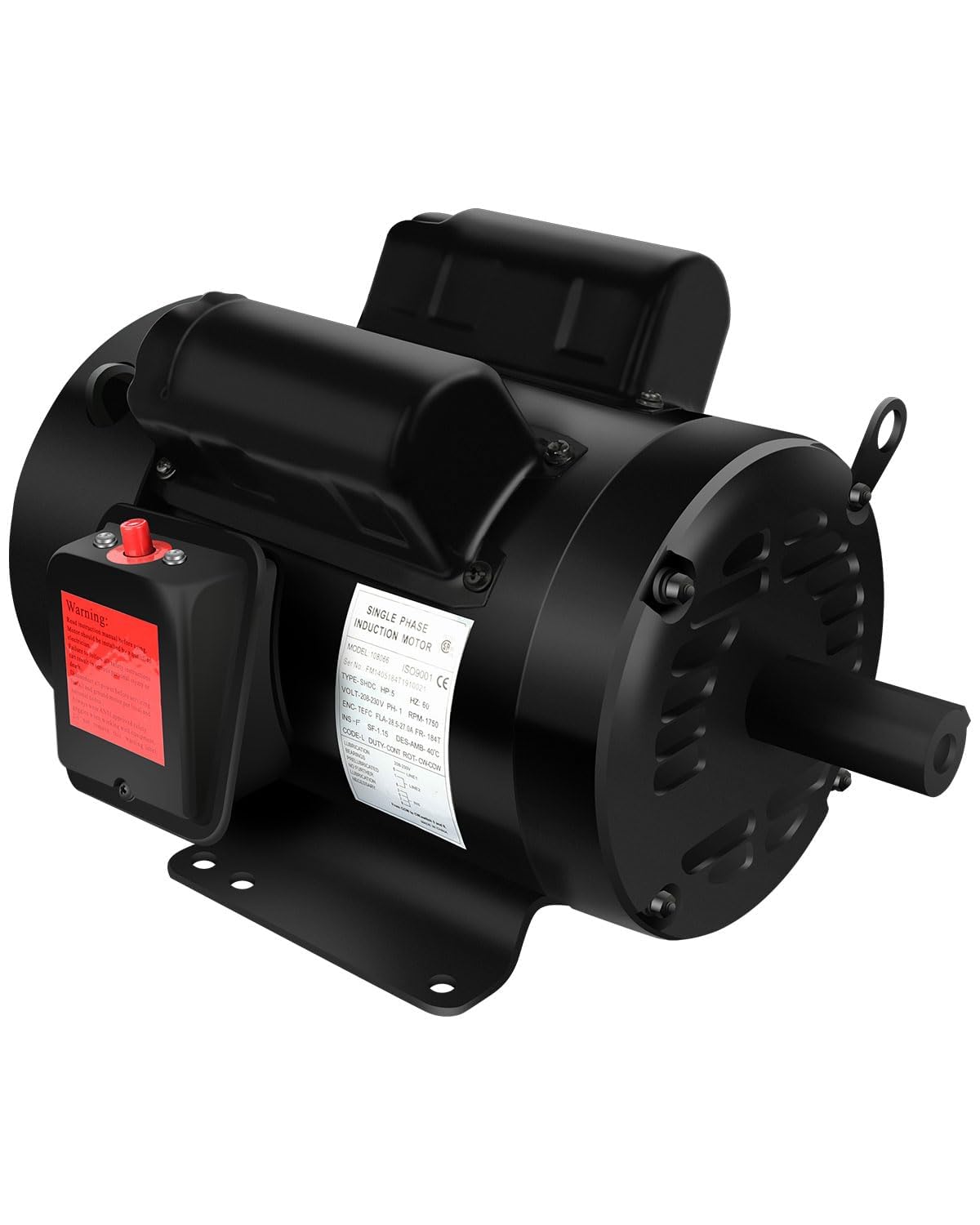 5HP Electric Motor, Air Compressor Motor, 1750 RPM, Single Phase,184T Frame, 208V-230V, 1-1/8"Shaft Diameter Rolled Steel Shell 60HZ