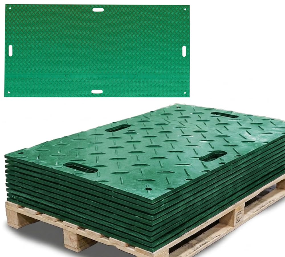 Mytee Products 12 Pk 4' x 8' - 1/2" Thick Heavy Duty Green Ground Protection Mats with Diamond Plated Tread - Easily Supports 120 Ton Loads - HDPE Construction Mat for Equipment Lawns Landscapers