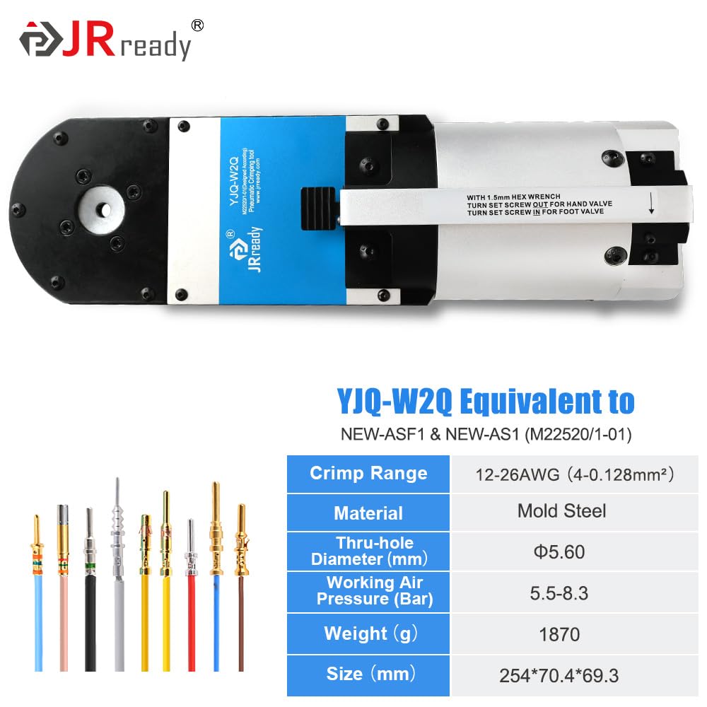 JRready YJQ-W2Q Pneumatic Crimper Wire Crimping Machine Air Powered Four-Indent Pliers Equivalent to Hand Crimper NEW-ASF1 NEW-AS1 (M22520/1-01) for 12-26 AWG Wire Terminal Crimping Tool