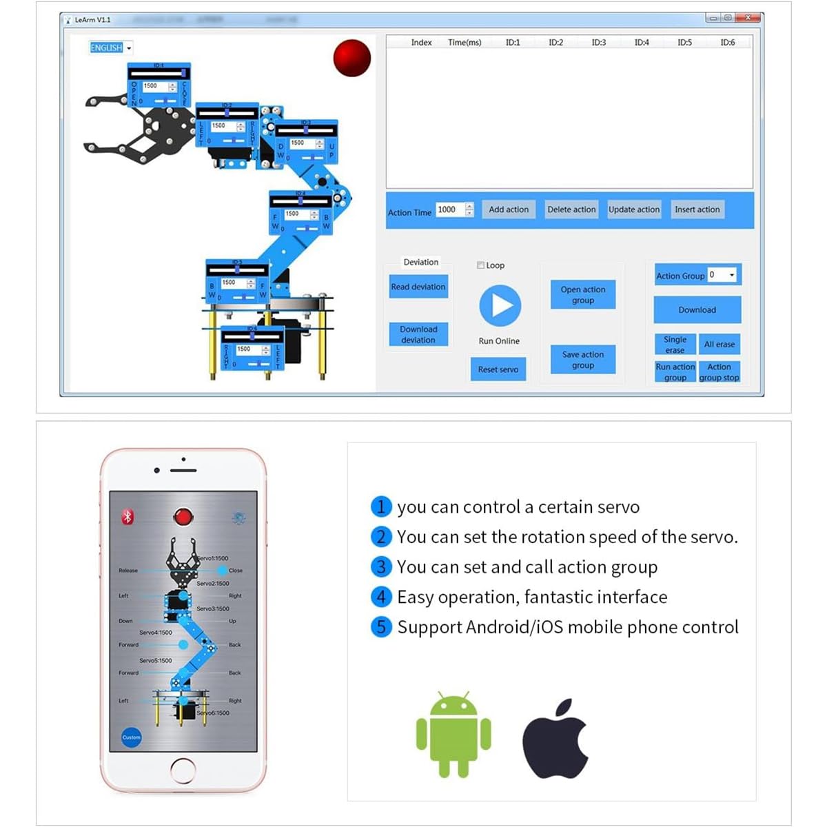 LewanSoul Robotic Arm Kit 6DOF Programming Robot Arm with 5 Servo, Handle, Mechanical Claw and More, PC Software APP Control with Tutorial