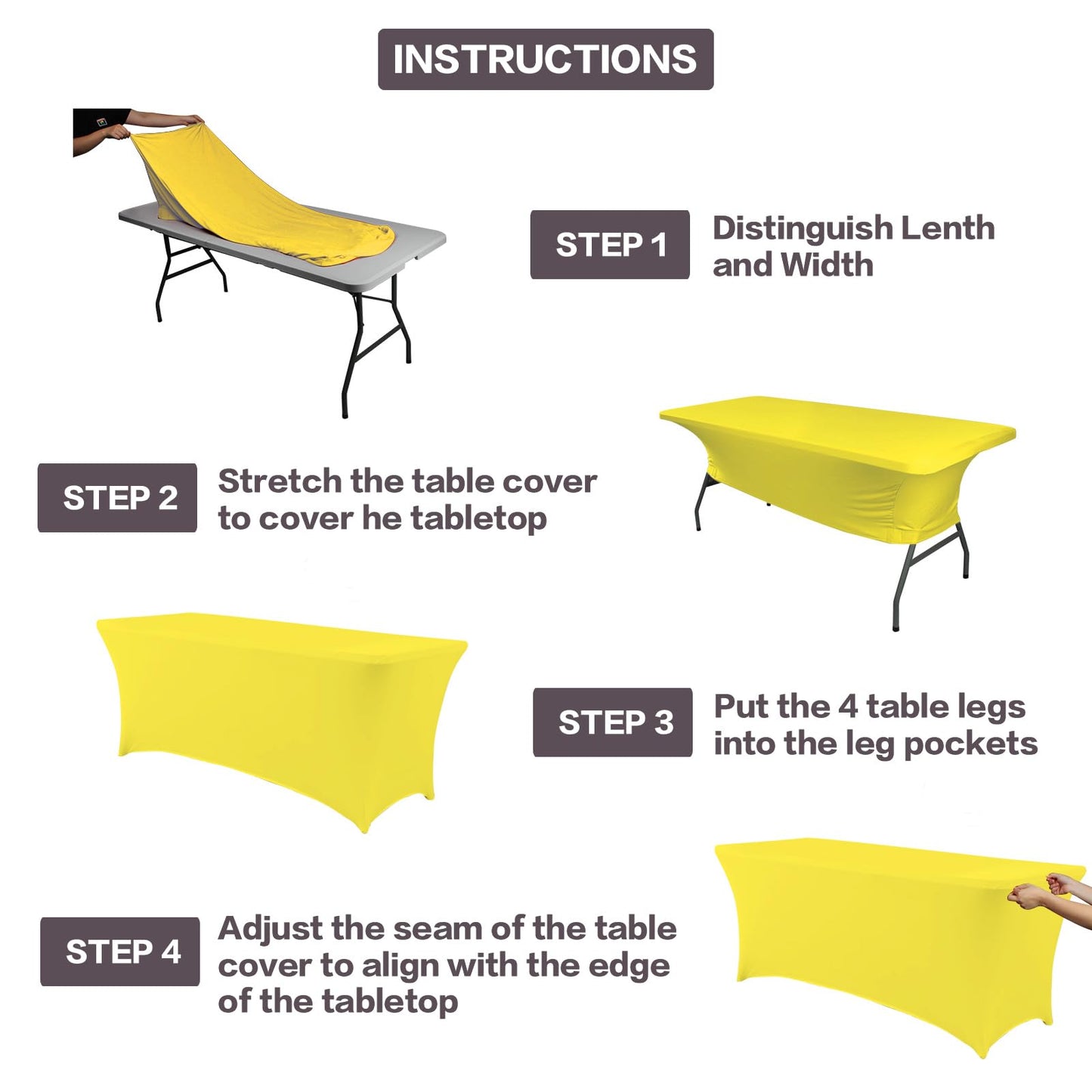 IVAPUPU 2 Pack 4FT Table Cloth for Rectangular Fitted Events Stretch Yellow Table Covers Washable Cover Spandex Tablecloth Protector for Party, Wedding, Cocktail, Banquet, Festival