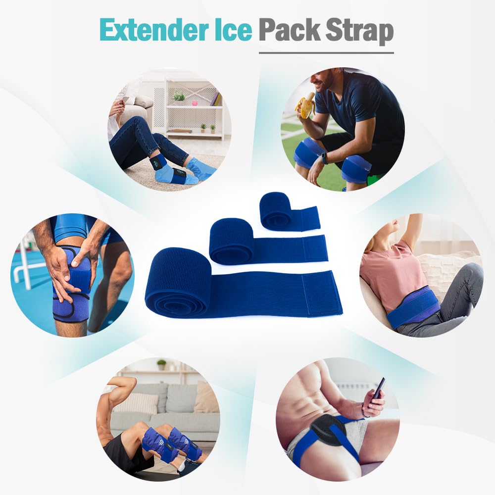 Hilph Ice Pack Strap, Stretchable, 3 Sizes Belt Extender Stretch Straps, Elastic Hook and Loop Extension Straps Add Length to Most Ice Packs, Multiple Uses, Blue