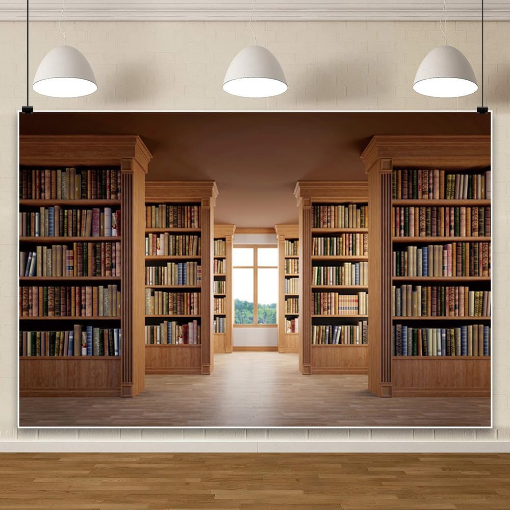 Laeacco 7x5ft Library Bookshelf Backdrop Wooden Bookcase Study Room School Ancient Books Photography Background